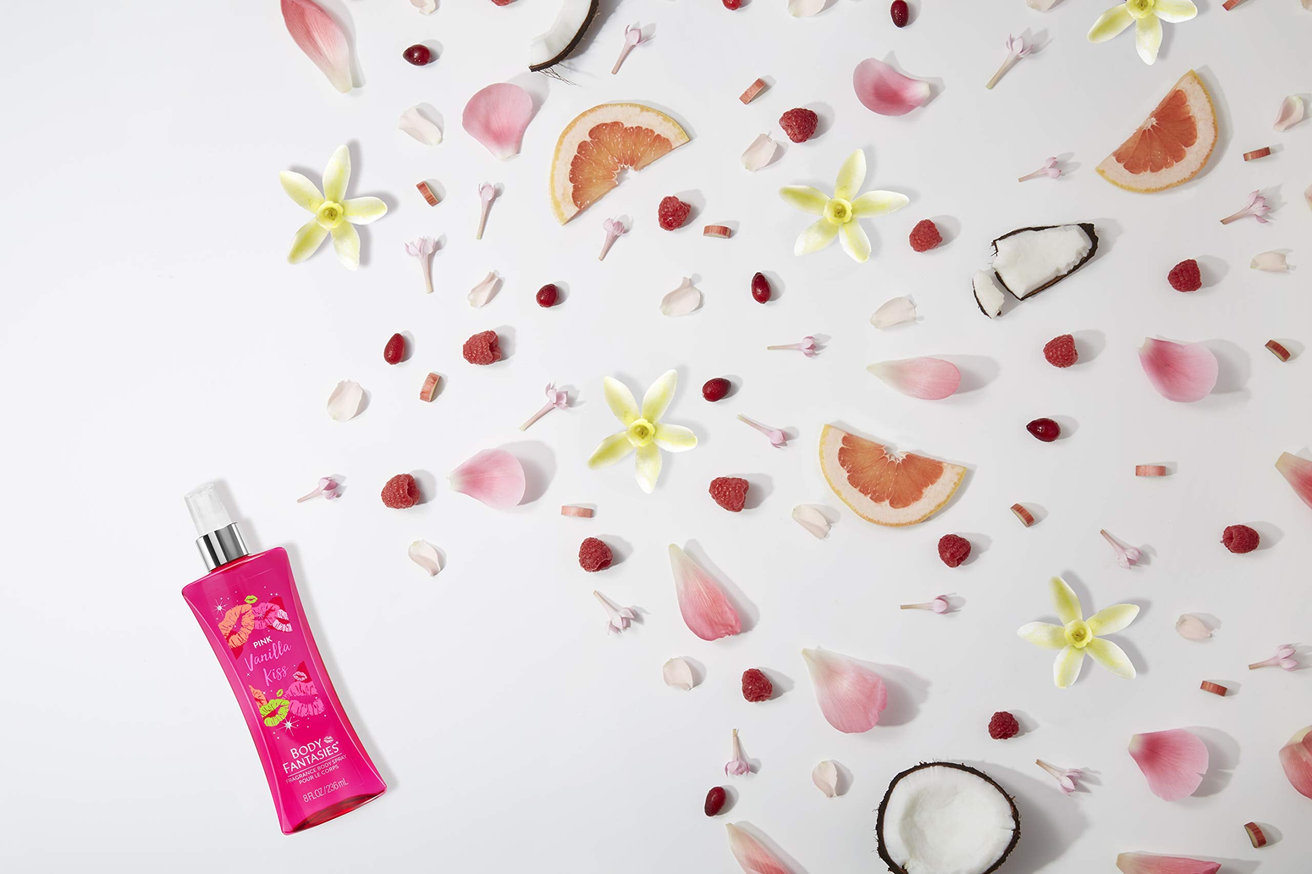 Body Fantasies Pink Vanilla Kiss Fantasy spray mist for quick refresh on the go.
