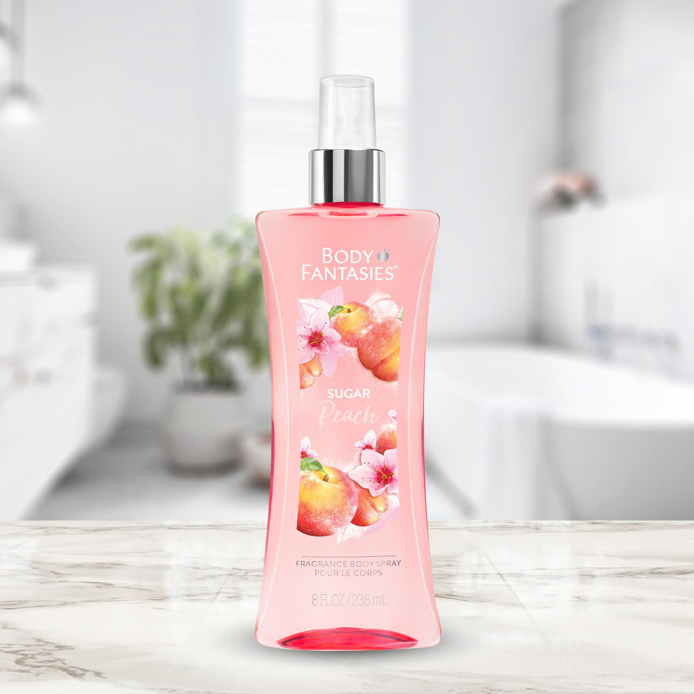 Body Fantasies Sugar Peach cruelty-free packaging visuals