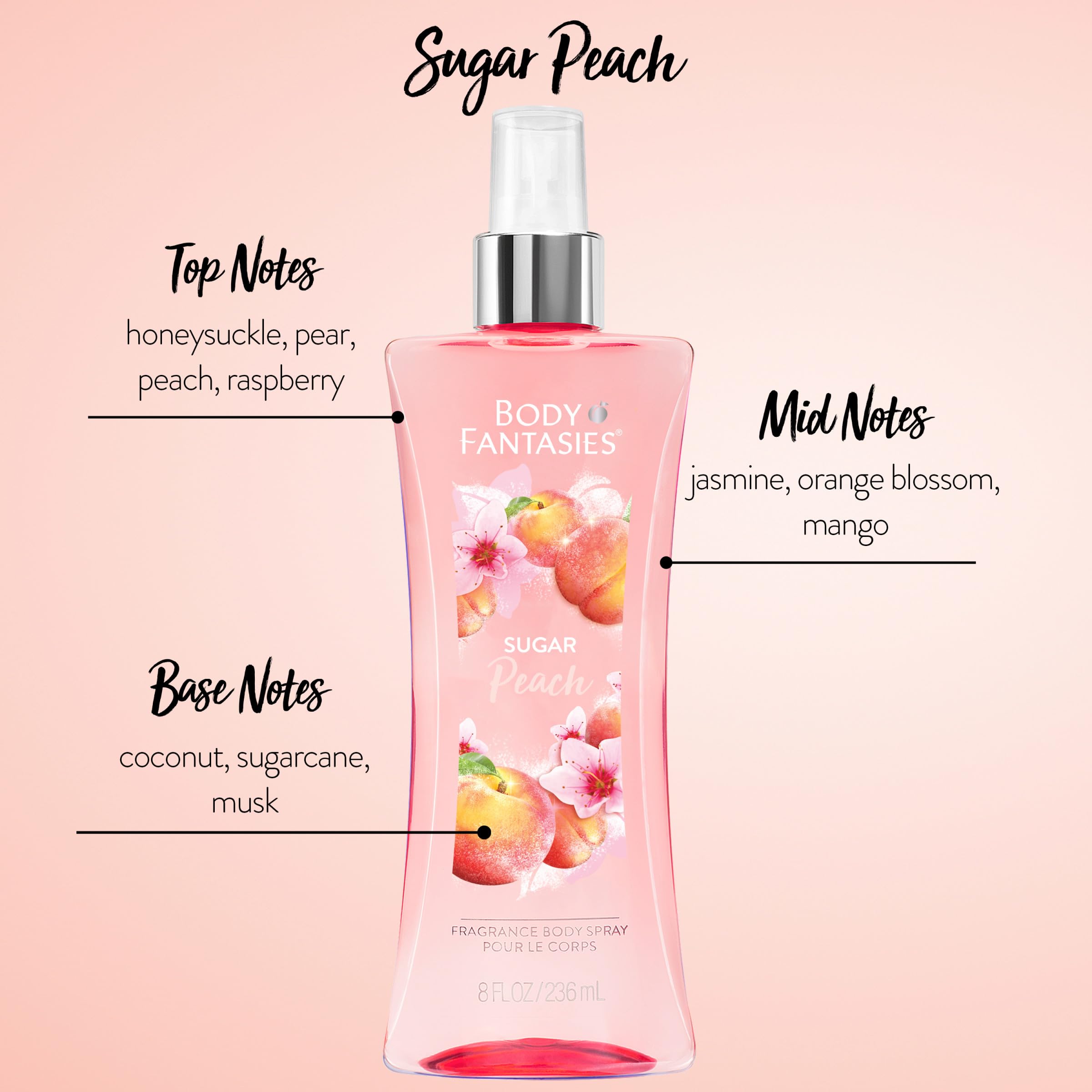 Body Fantasies Sugar Peach pear raspberry blend evokes summer vibes