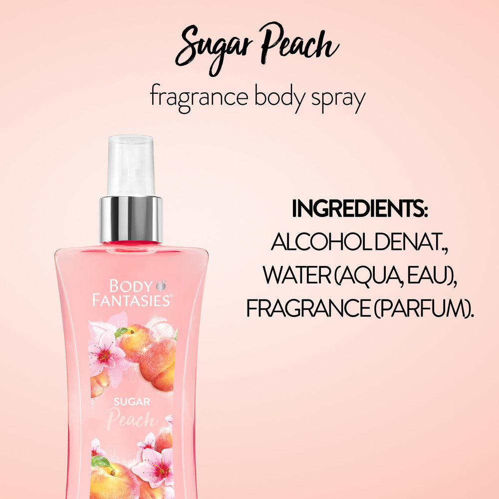 Body Fantasies Sugar Peach 8oz bottle for on-the-go freshness