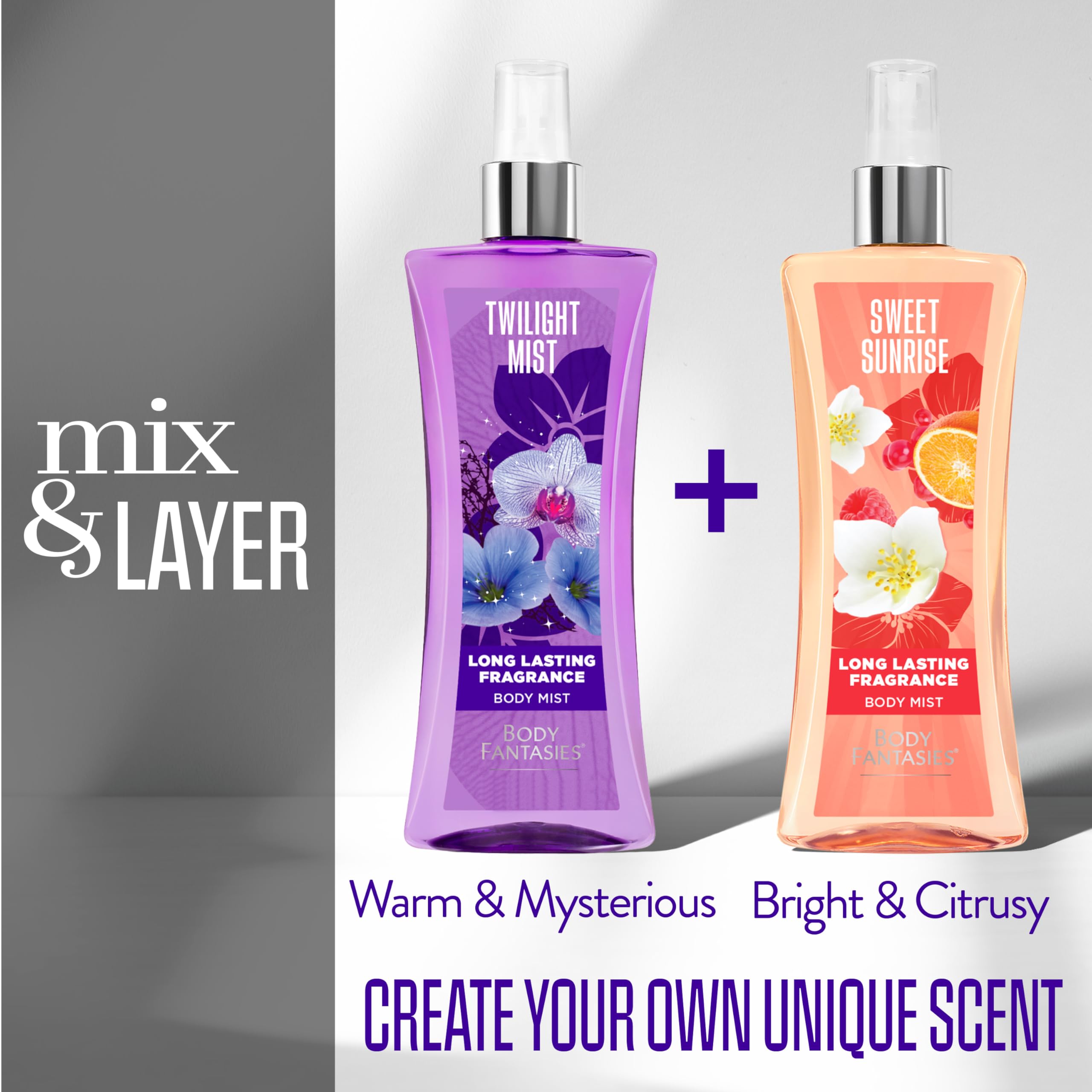 Body Fantasies Twilight Mist bottle on display shows elegant design.