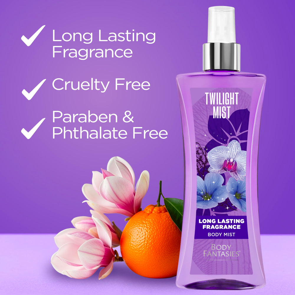 Body Fantasies Twilight Mist fragrance trail hints at long-lasting aroma.