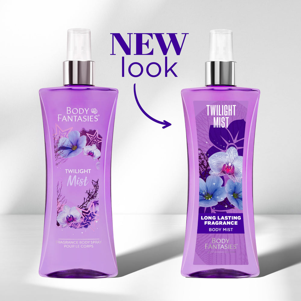 Body Fantasies Twilight Mist packaging shows chic travel-friendly 8 oz bottle.