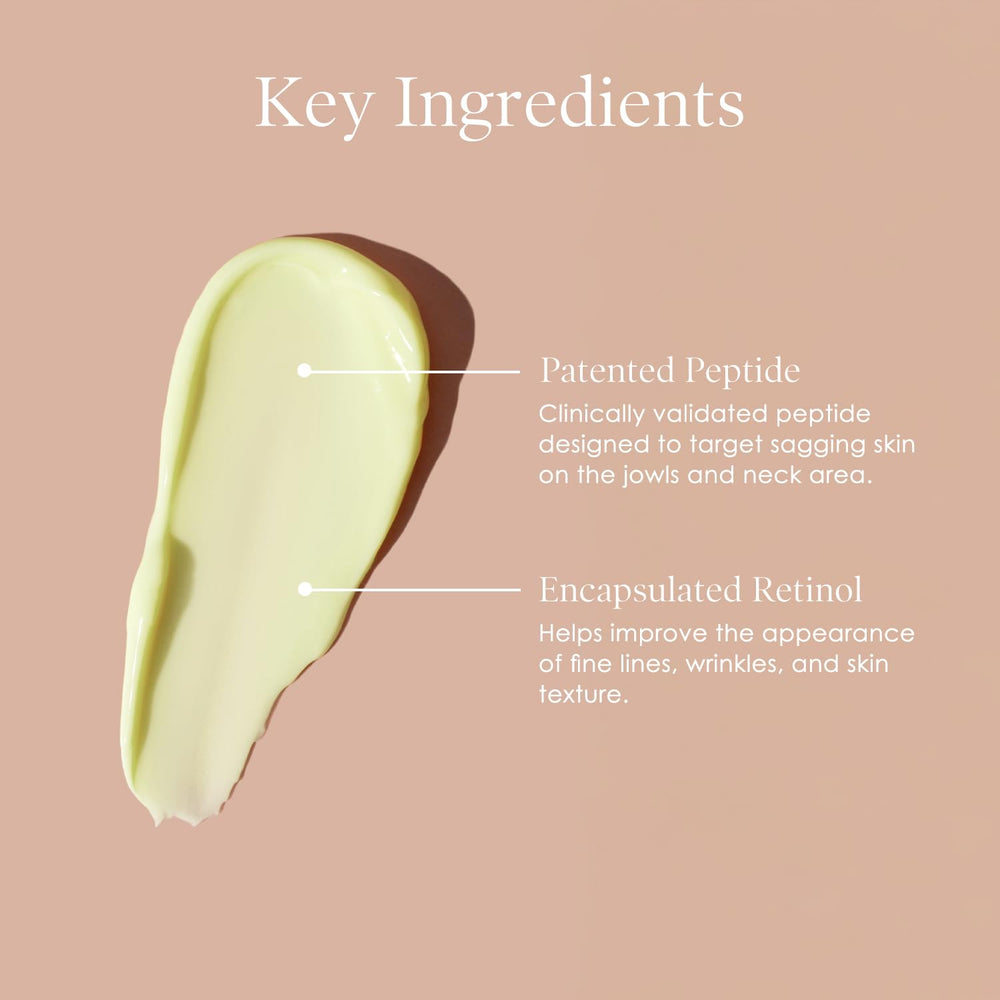 Peptide formulation emphasizes targeted firmness and refined neck texture.