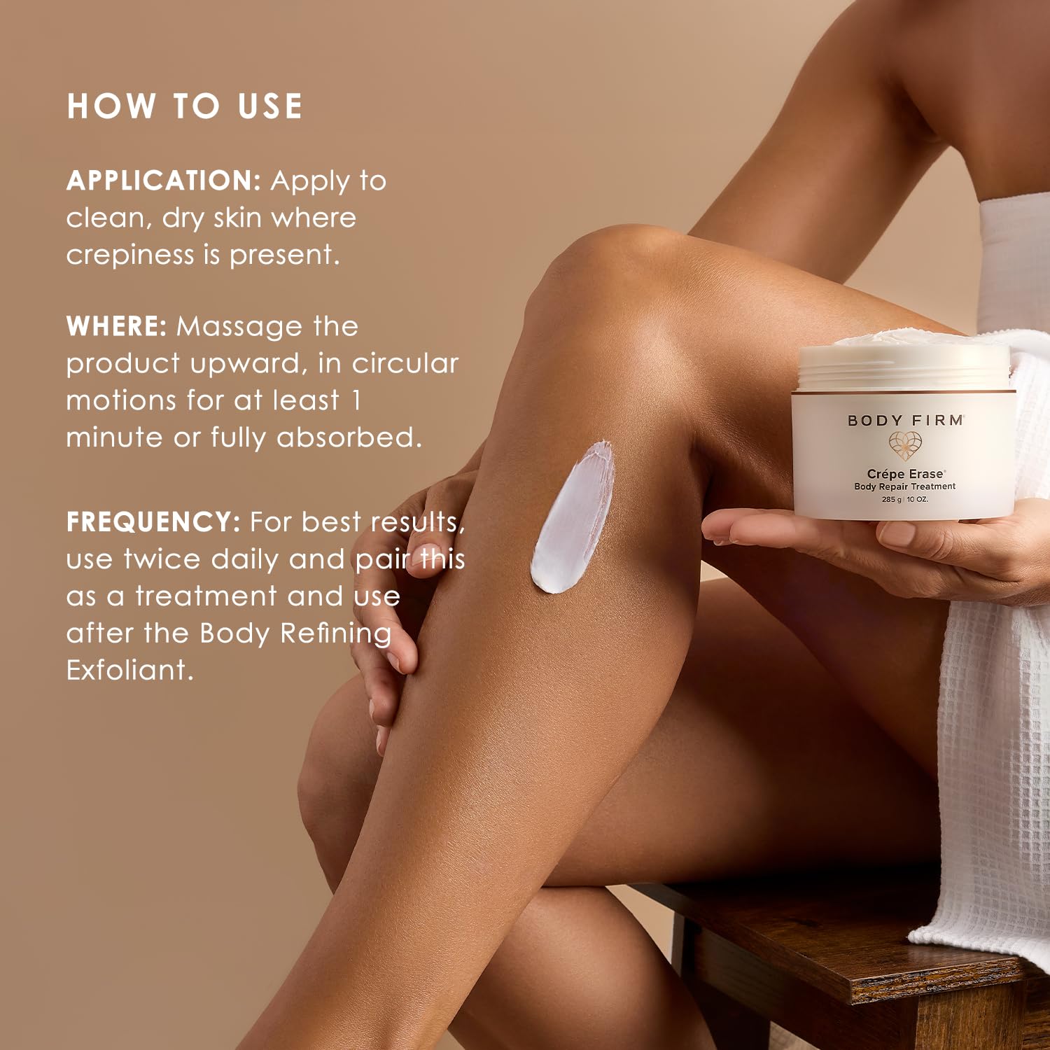 Body Firm Crepe Erase shea butter packaging highlights rich care.