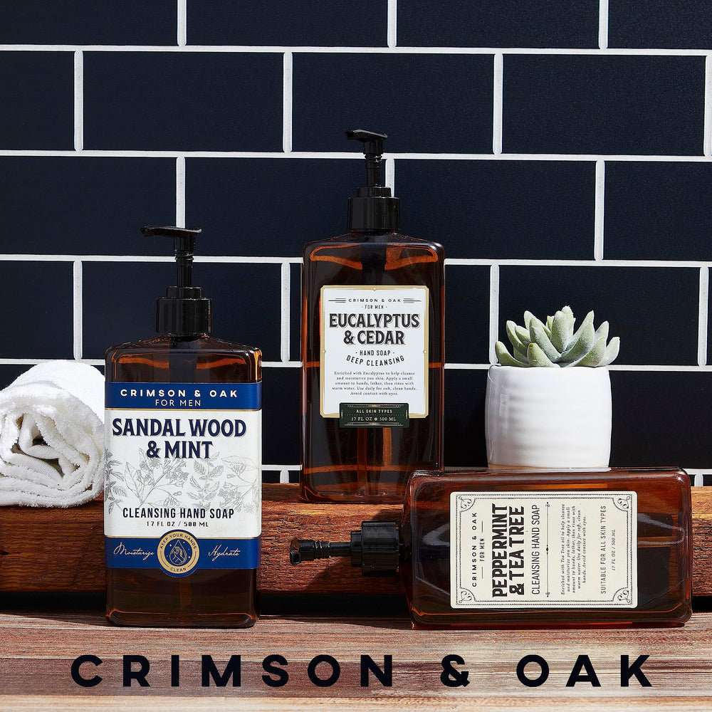 Body Prescriptions Crimson & Oak hand soap in use creating rich lather.