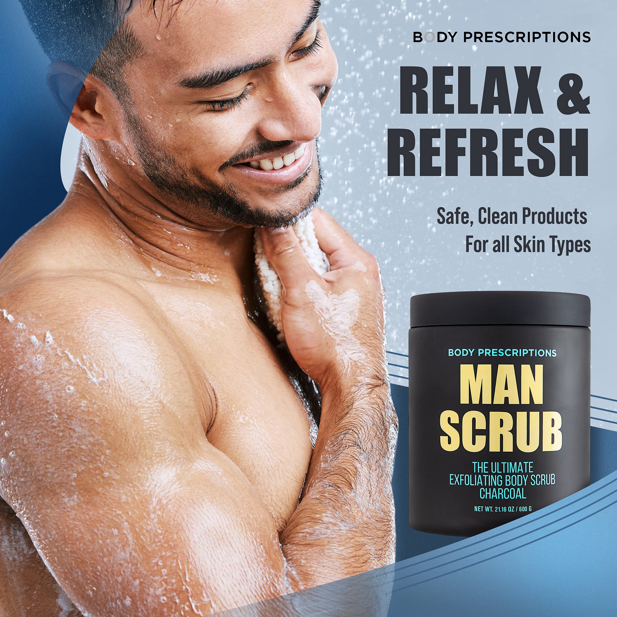 Body Prescriptions exfoliante corporal para hombre con grano suave para piel limpia.