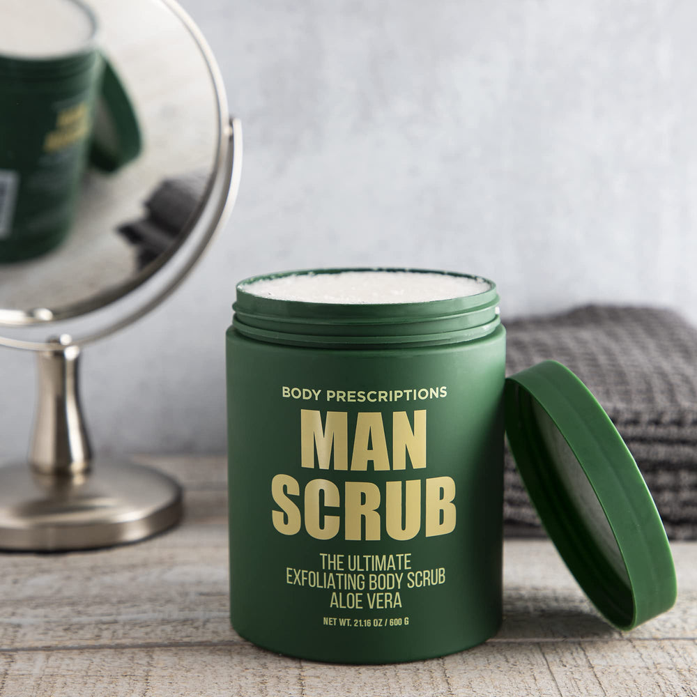 Body Prescriptions Men's exfoliating scrub in shower setup for routine cleanse