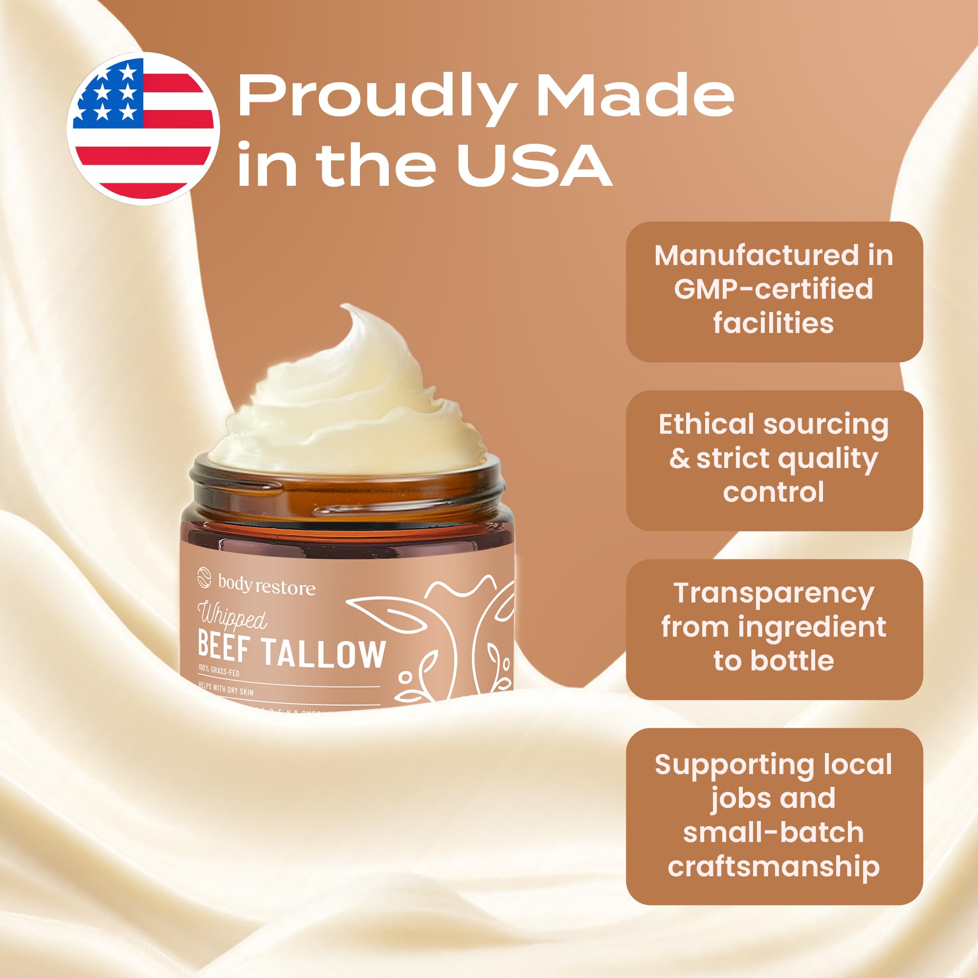 Body Restore hecho en Estados Unidos, lotes pequeños, control de calidad.