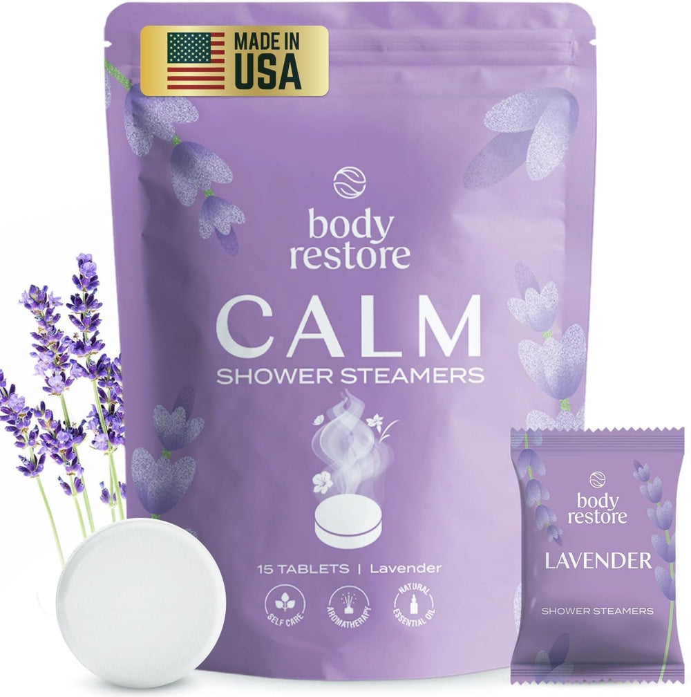 Body Restore lavender bath bomb pack closeup for relaxing bath