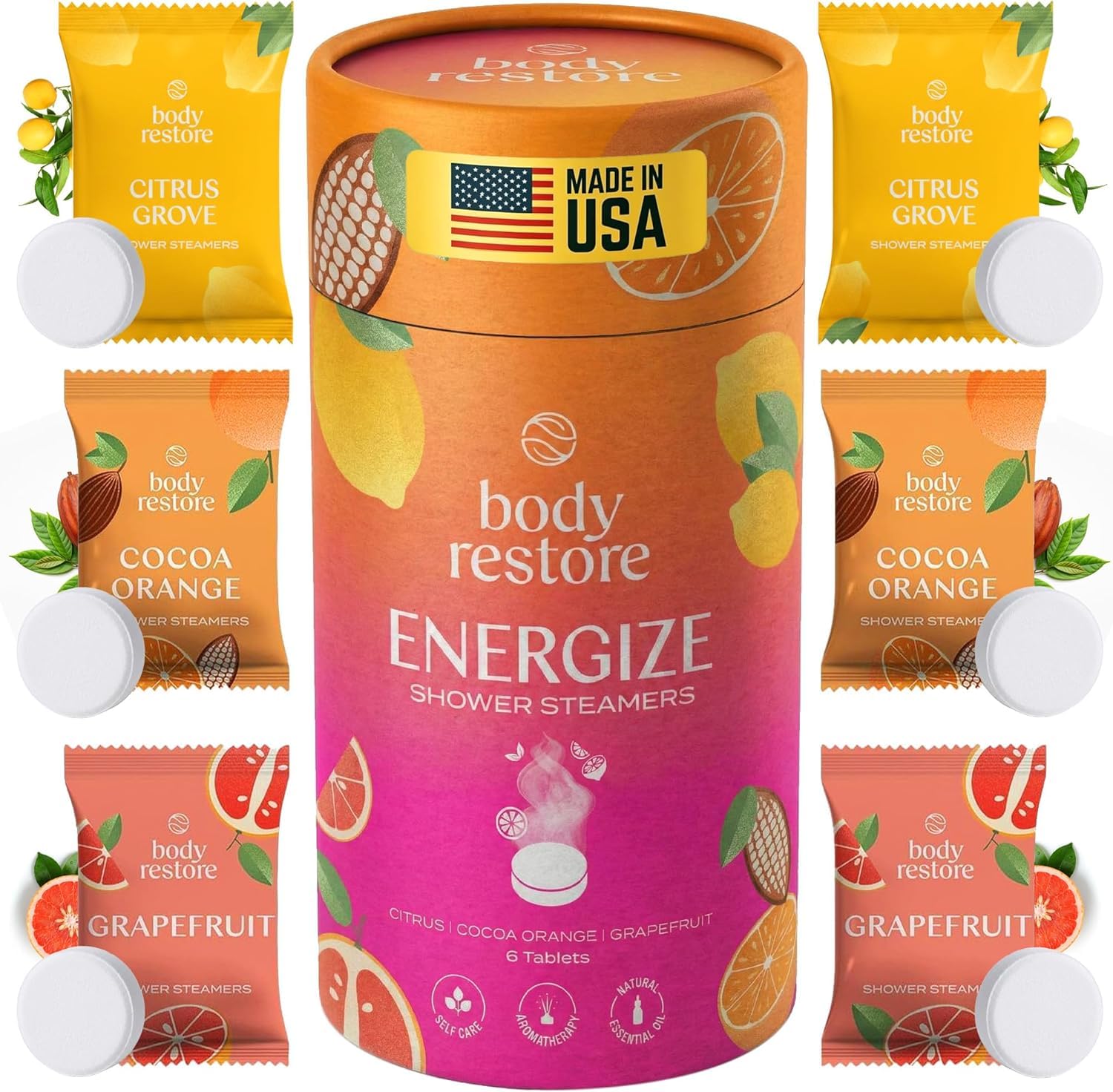 Body Restore bombas ducha aromáticas citrico listas para regalo en empaque elegante.