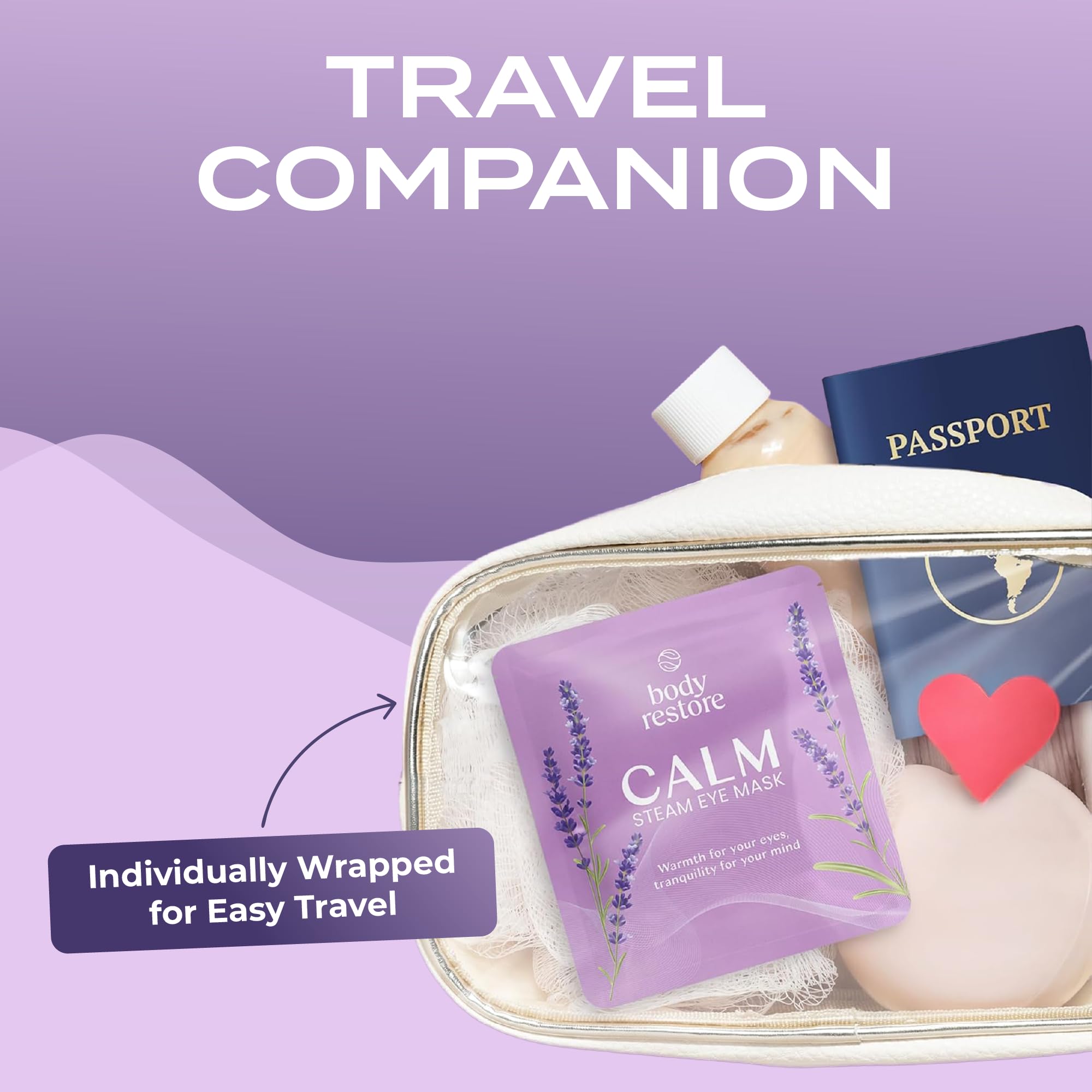 Body Restore compresas oculares lavanda con calor suave para aliviar tensión ocular.