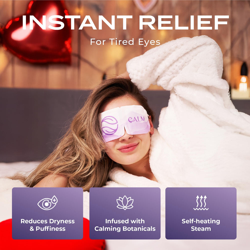 Body Restore compresas oculares lavanda, máscara en uso para relajar ojos cansados tras un día largo.