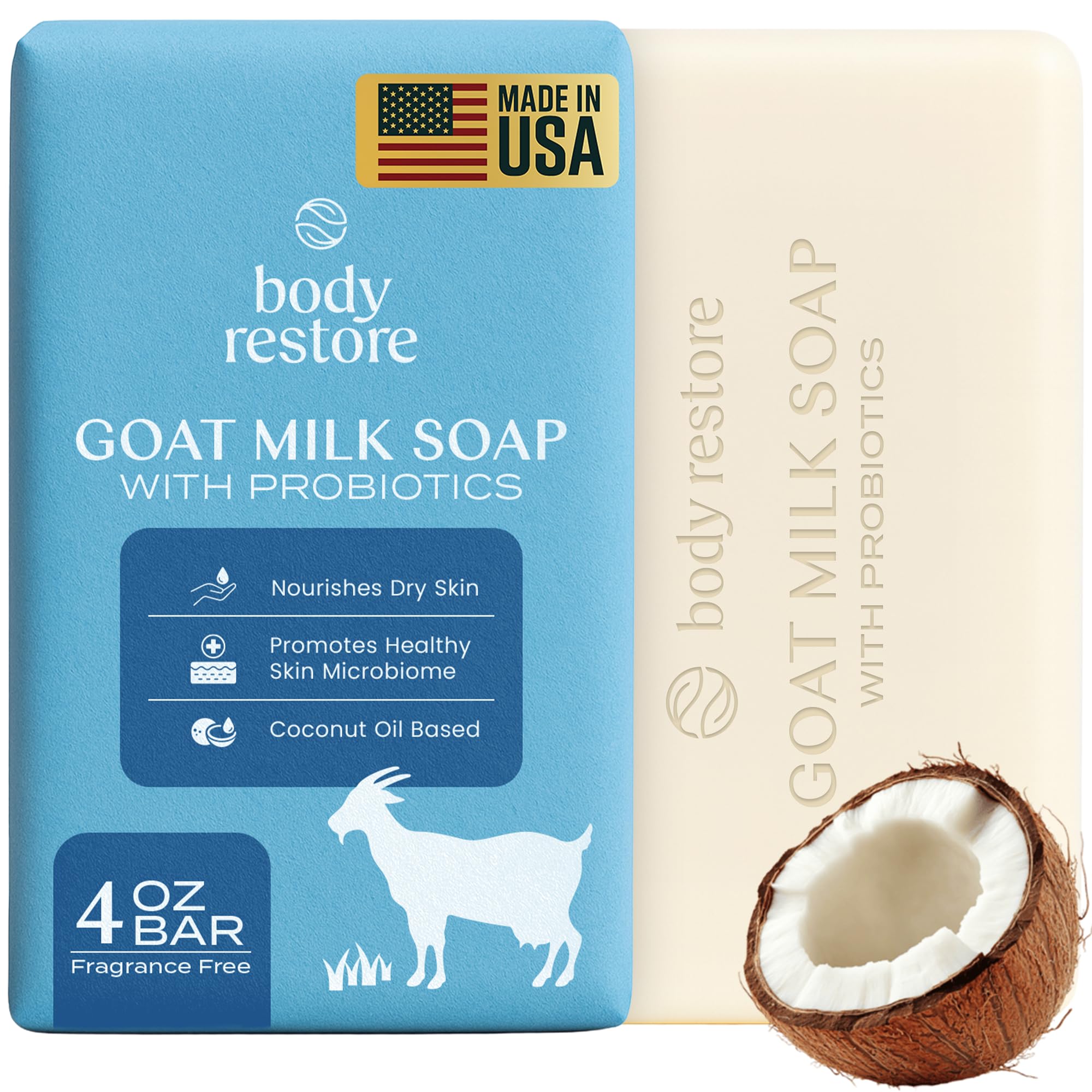 Body Restore jabon leche de cabra con probióticos para piel sensible.
