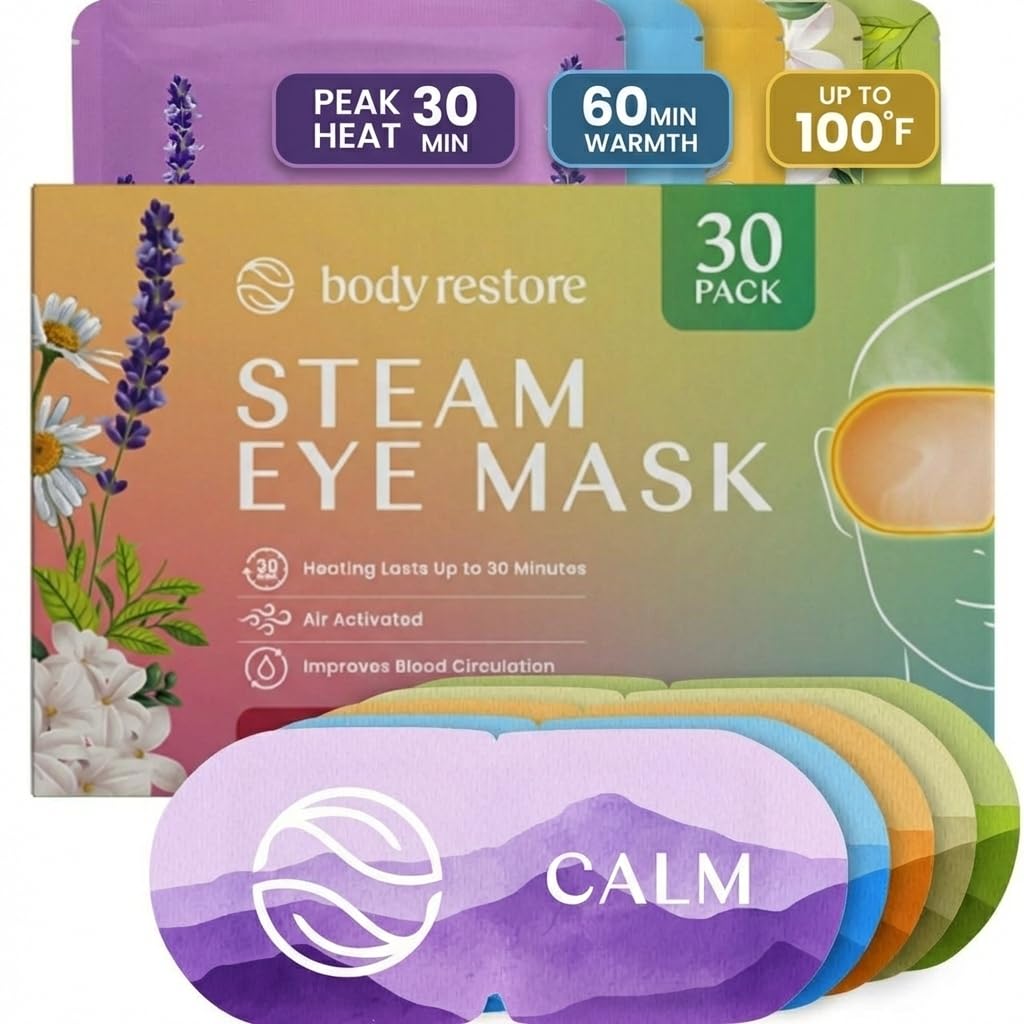 Body Restore self-heating eye mask in green tea pack soothes tired eyes.