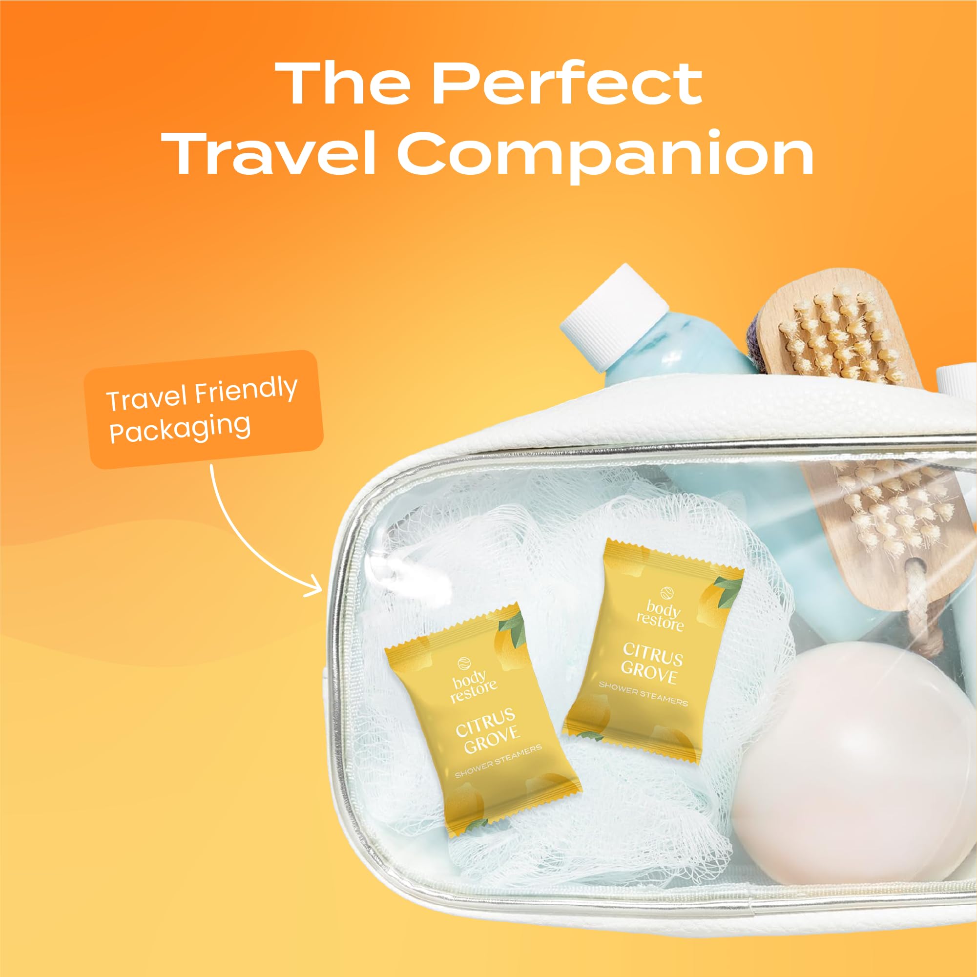 Body Restore citrus shower steamer 15-pack compact and travel-friendly.