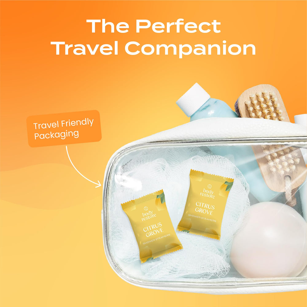 Body Restore citrus shower steamer 15-pack compact and travel-friendly.