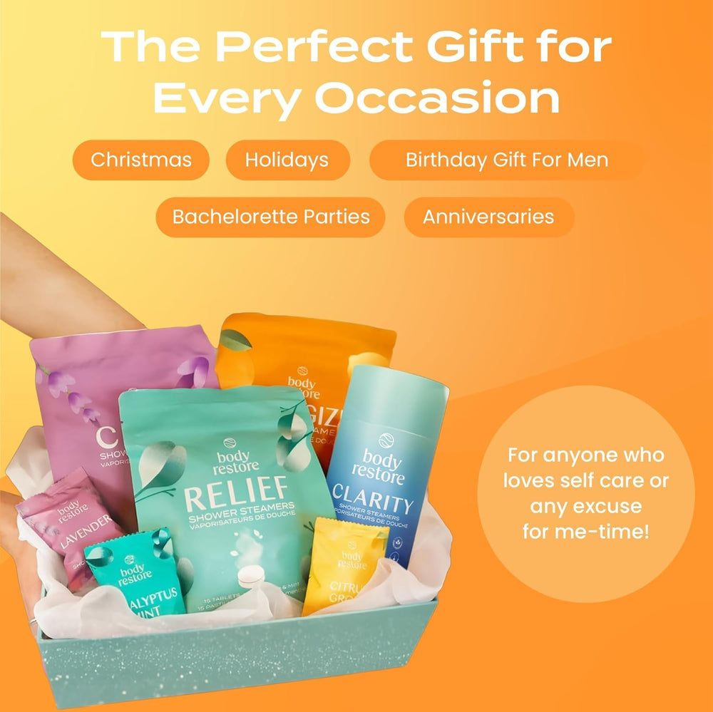 Body Restore citrus shower steamer 15-pack gift-ready packaging for celebrations.