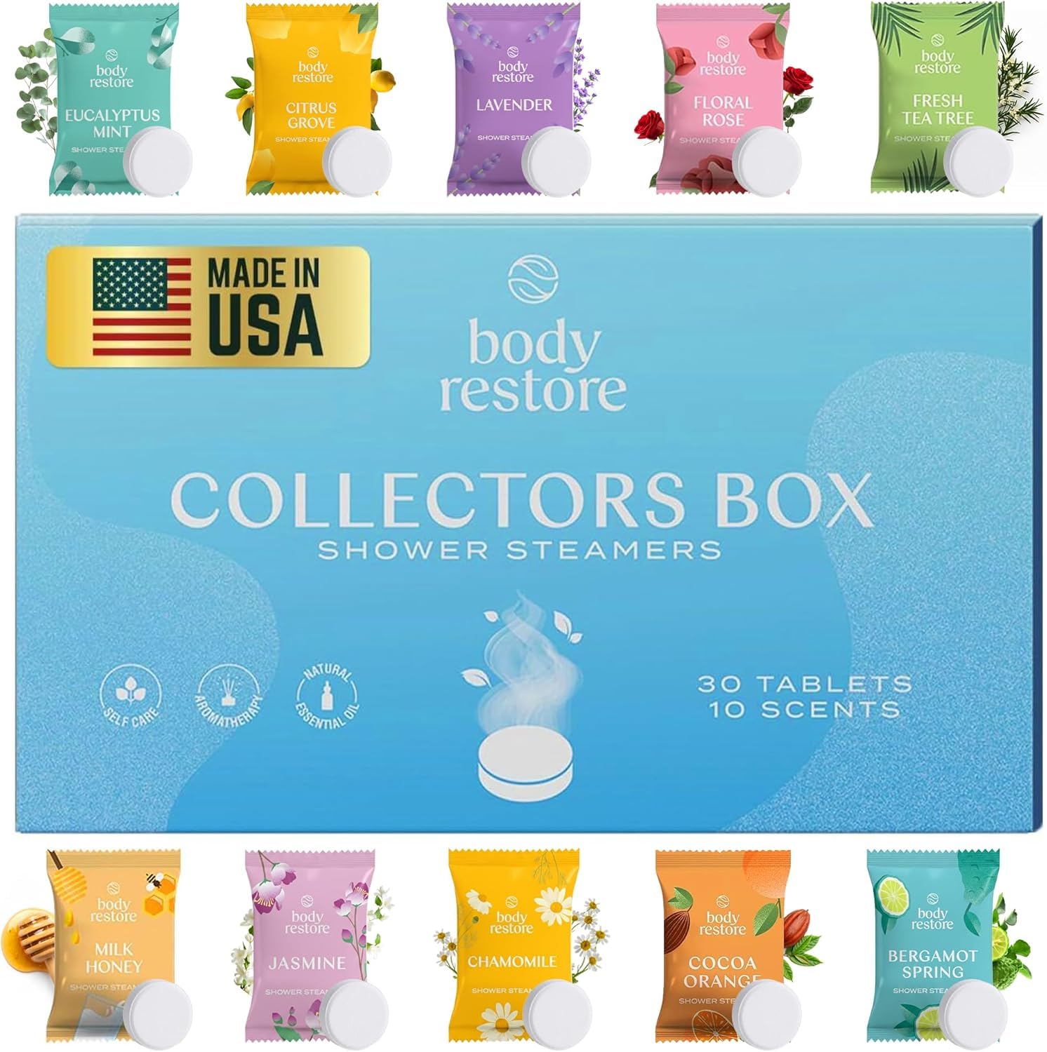 Body Restore shower steamer variety pack with assorted scents for daily relaxation.