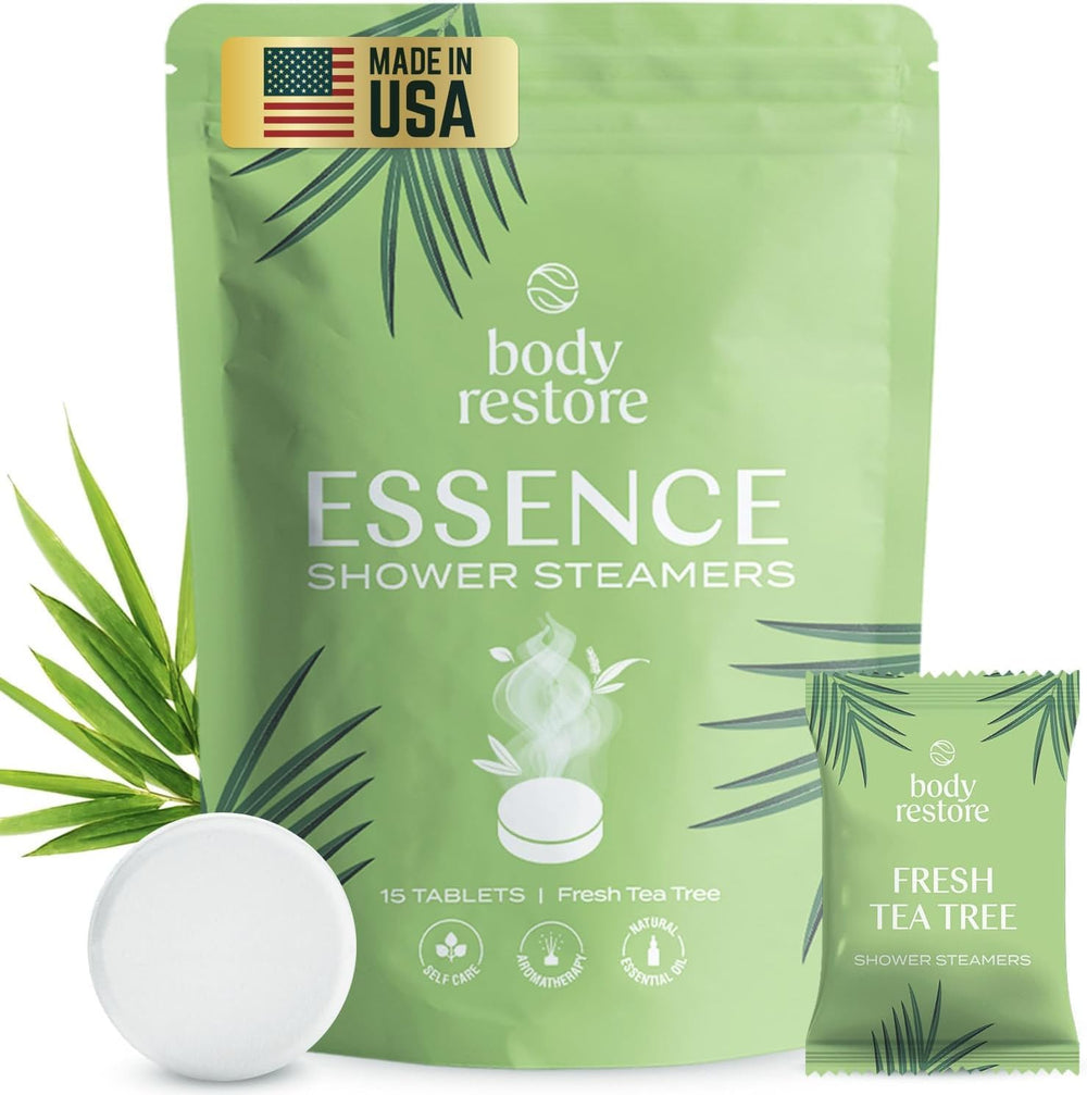 Body Restore Tea Tree Bath Bombs Pack ready for gifting and relaxing showers.