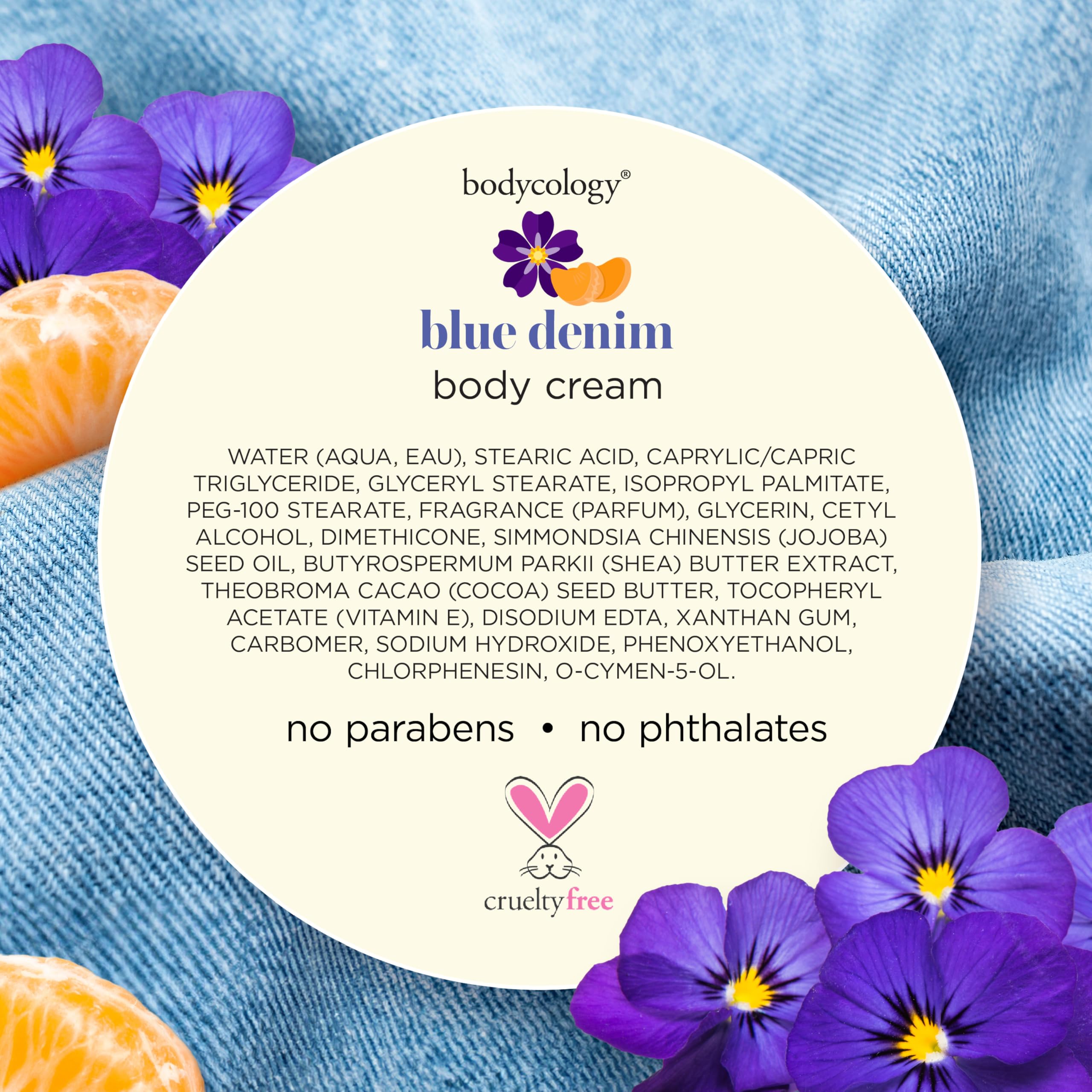 Bodycology Blue Denim application on skin, showing non-greasy, velvet-soft touch.