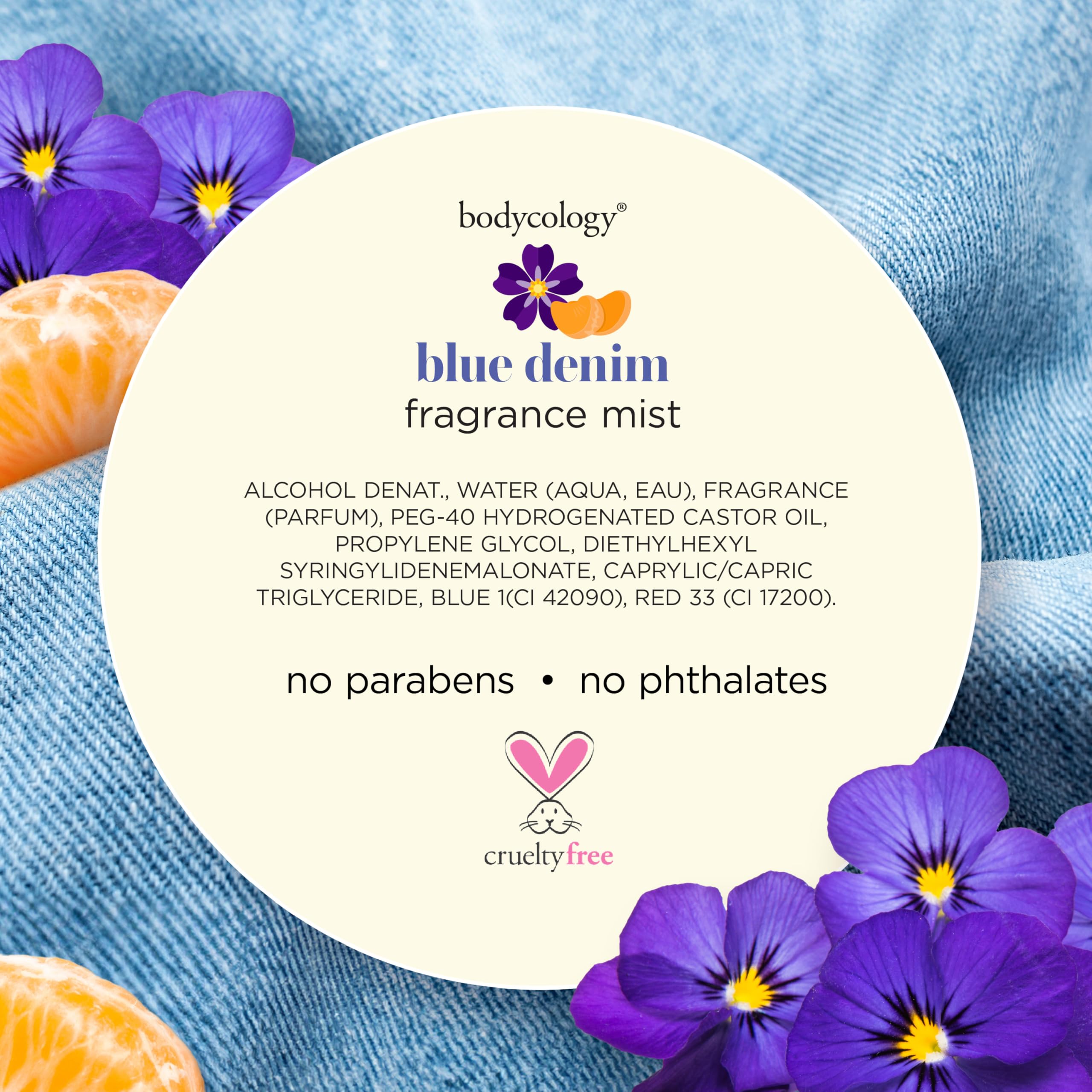 Bodycology Blue Denim Mist fragrance veil dispersing in the air.