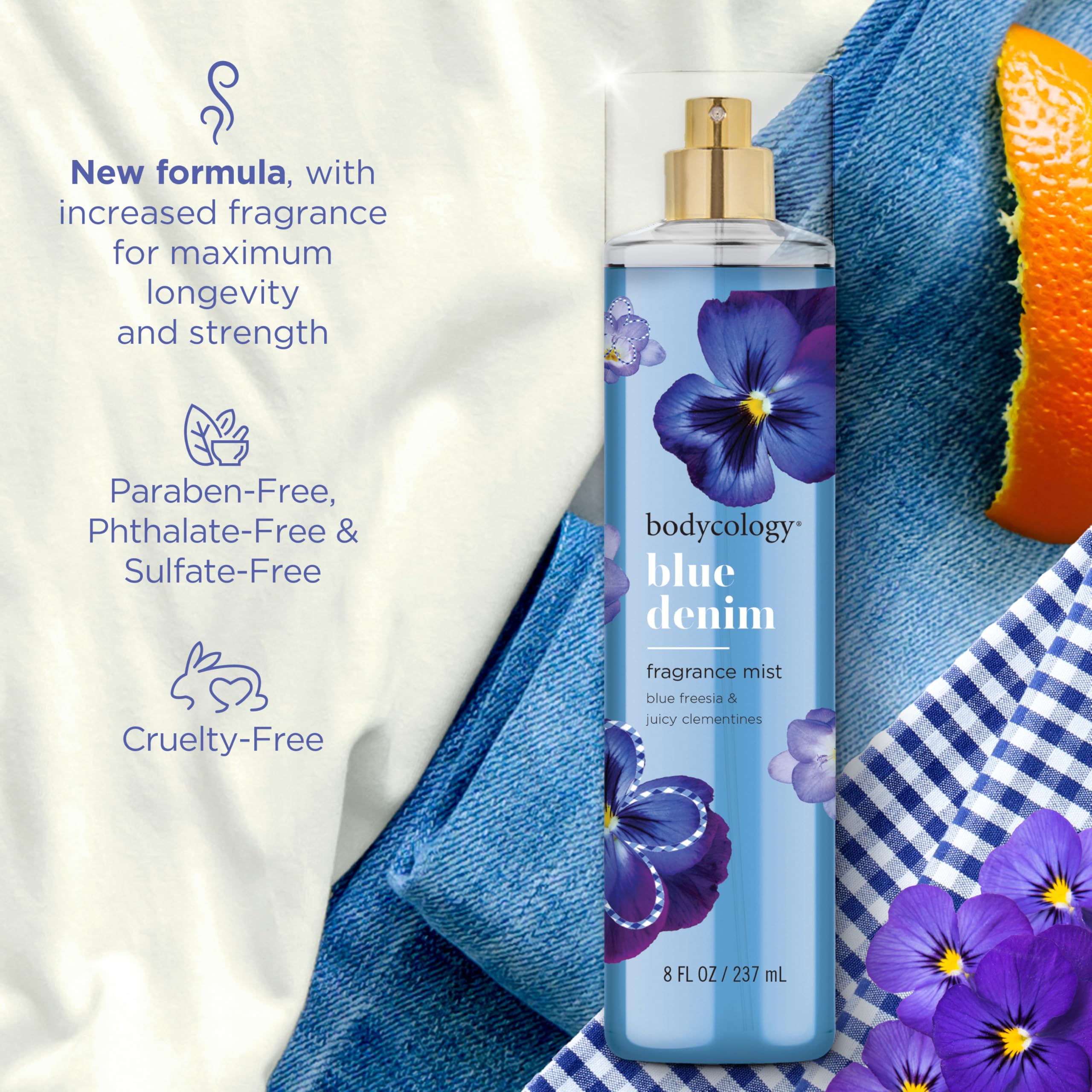 Bodycology Blue Denim Mist with cap on for mess-free application.