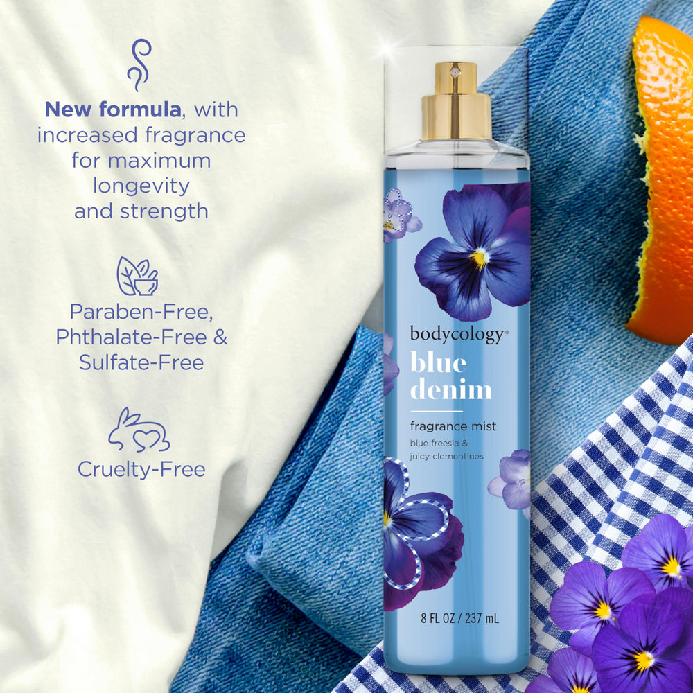 Bodycology Blue Denim Mist with cap on for mess-free application.