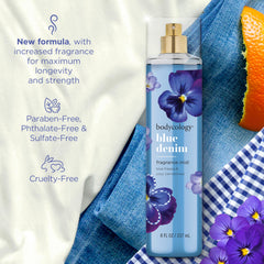 Bodycology Blue Denim Mist with cap on for mess-free application.