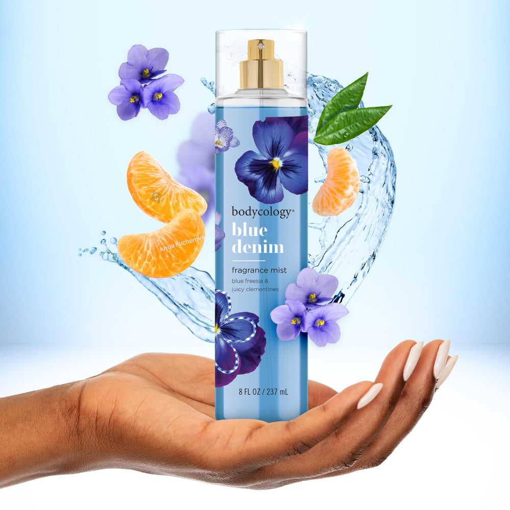 Bodycology Blue Denim Mist on skin for easy daily wear.
