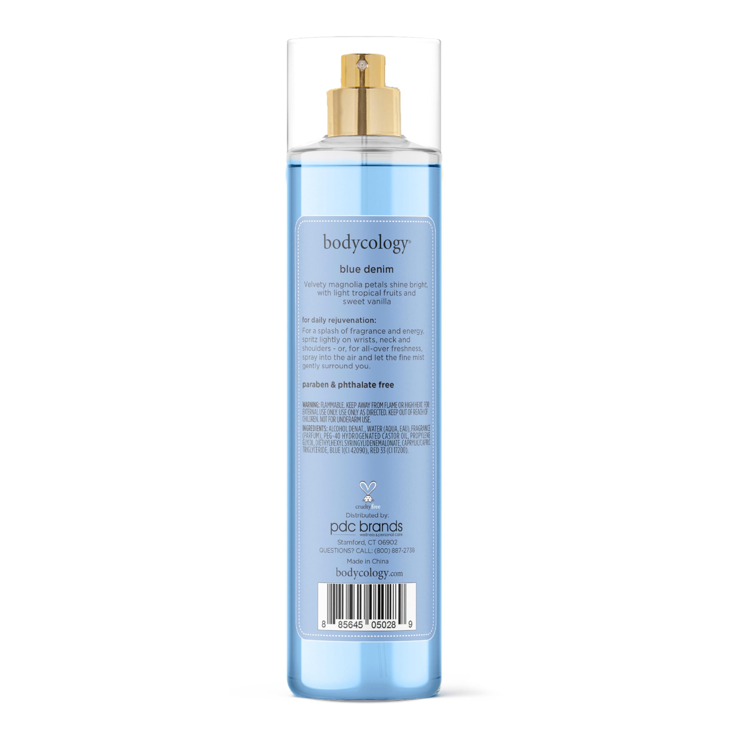 Bodycology Blue Denim Mist packaging box highlighting cruelty-free branding.