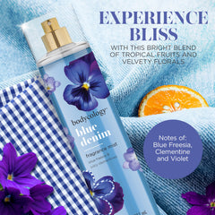 Bodycology Blue Denim Mist spray action delivering a gentle, lasting scent.