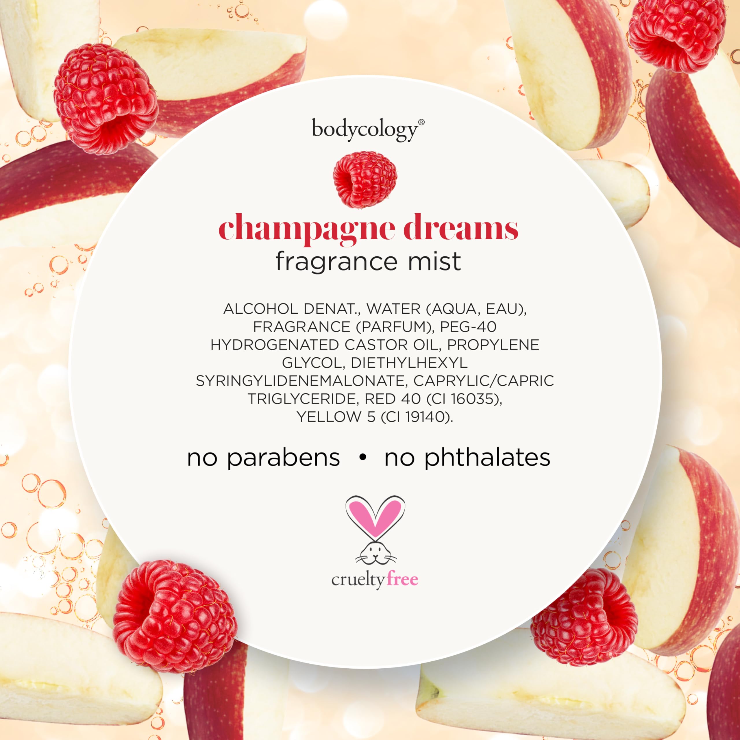 Bodycology Champagne Dreams mist formula is cruelty-free and free from parabens and phthalates.