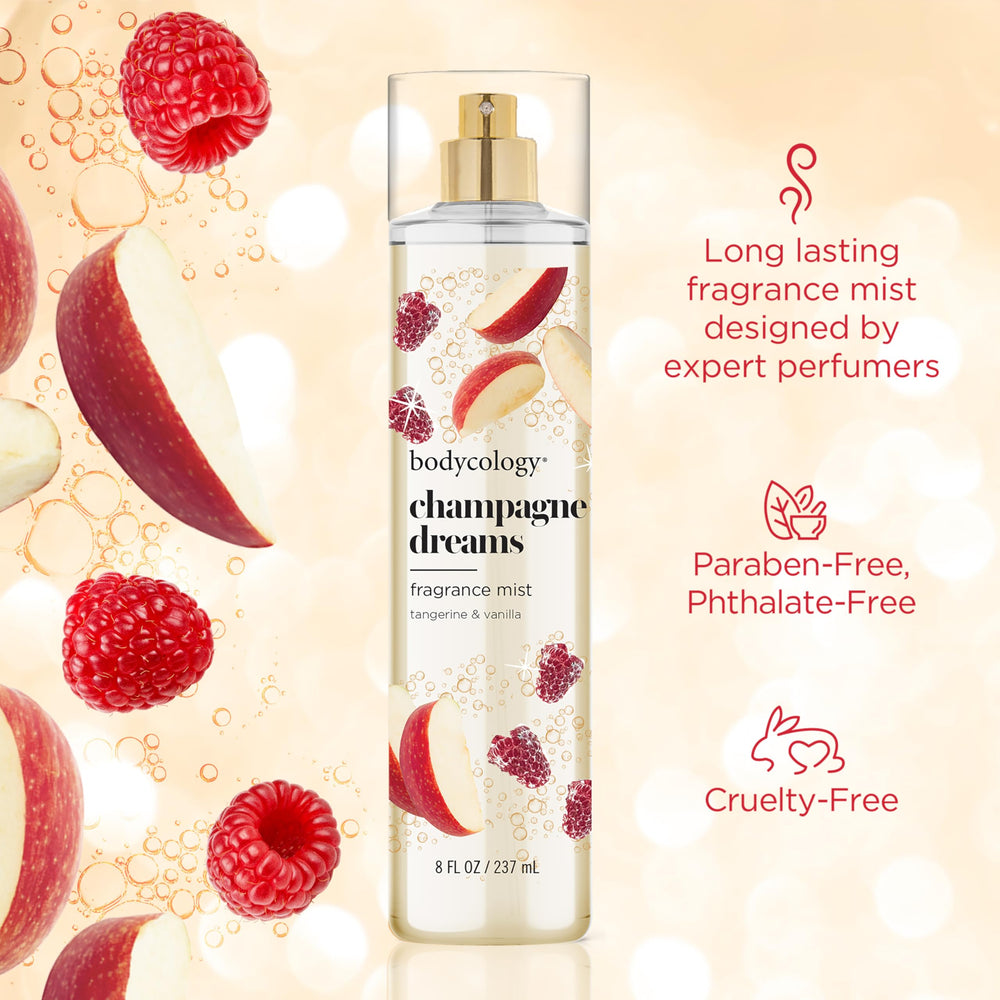 Bodycology Champagne Dreams mist being spritzed in the air to envelop you softly.