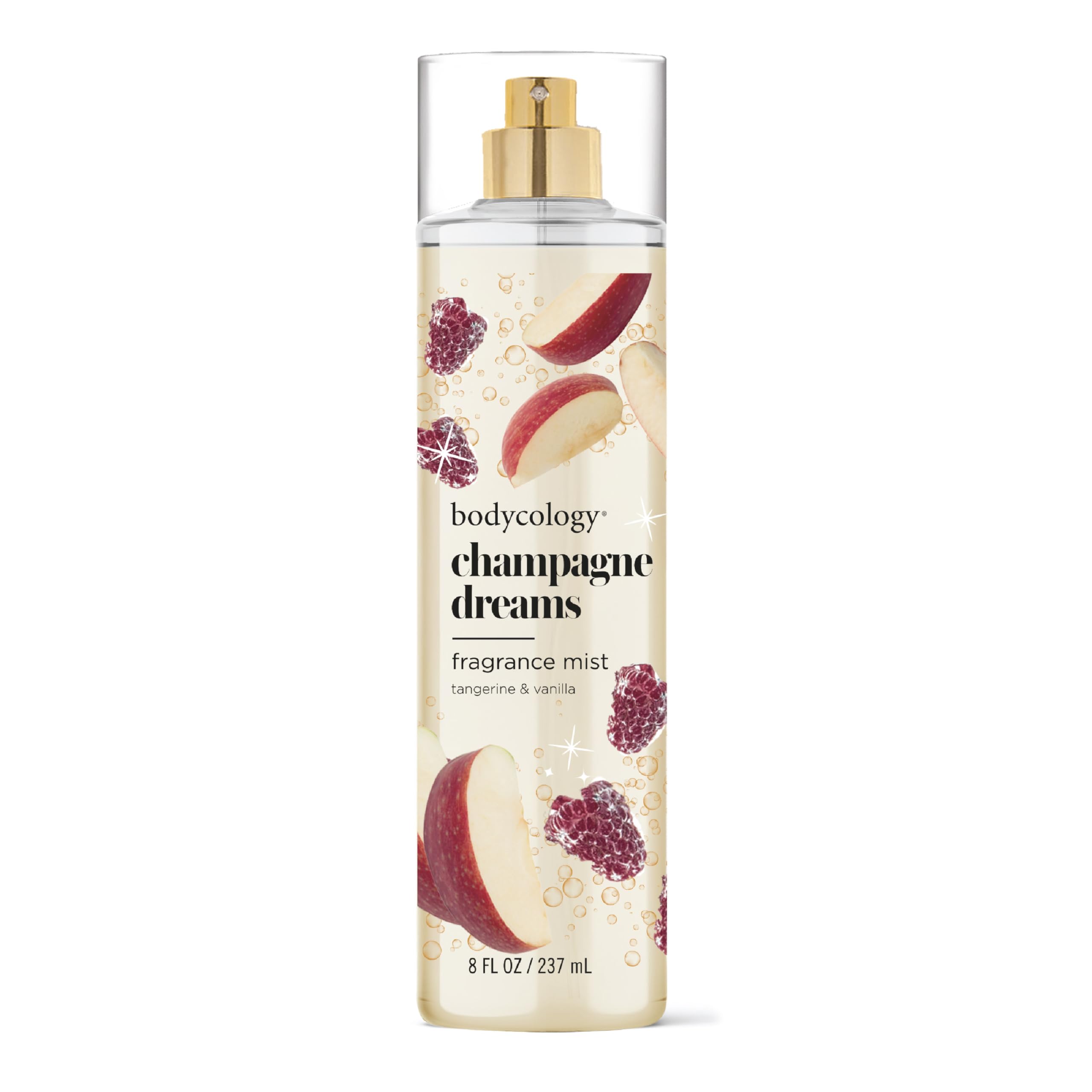 Bodycology Champagne Dreams mist bottle highlights sparkling tangerine notes for everyday fragrance.