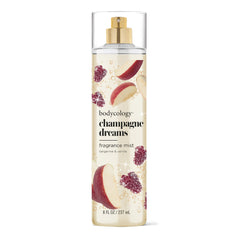 Bodycology Champagne Dreams mist bottle highlights sparkling tangerine notes for everyday fragrance.