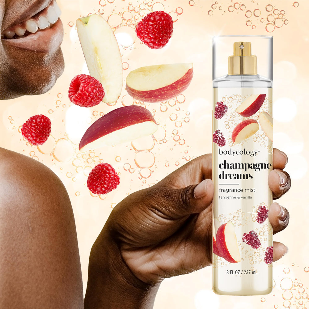 Bodycology Champagne Dreams mist paired with body cream for a layered scent experience.