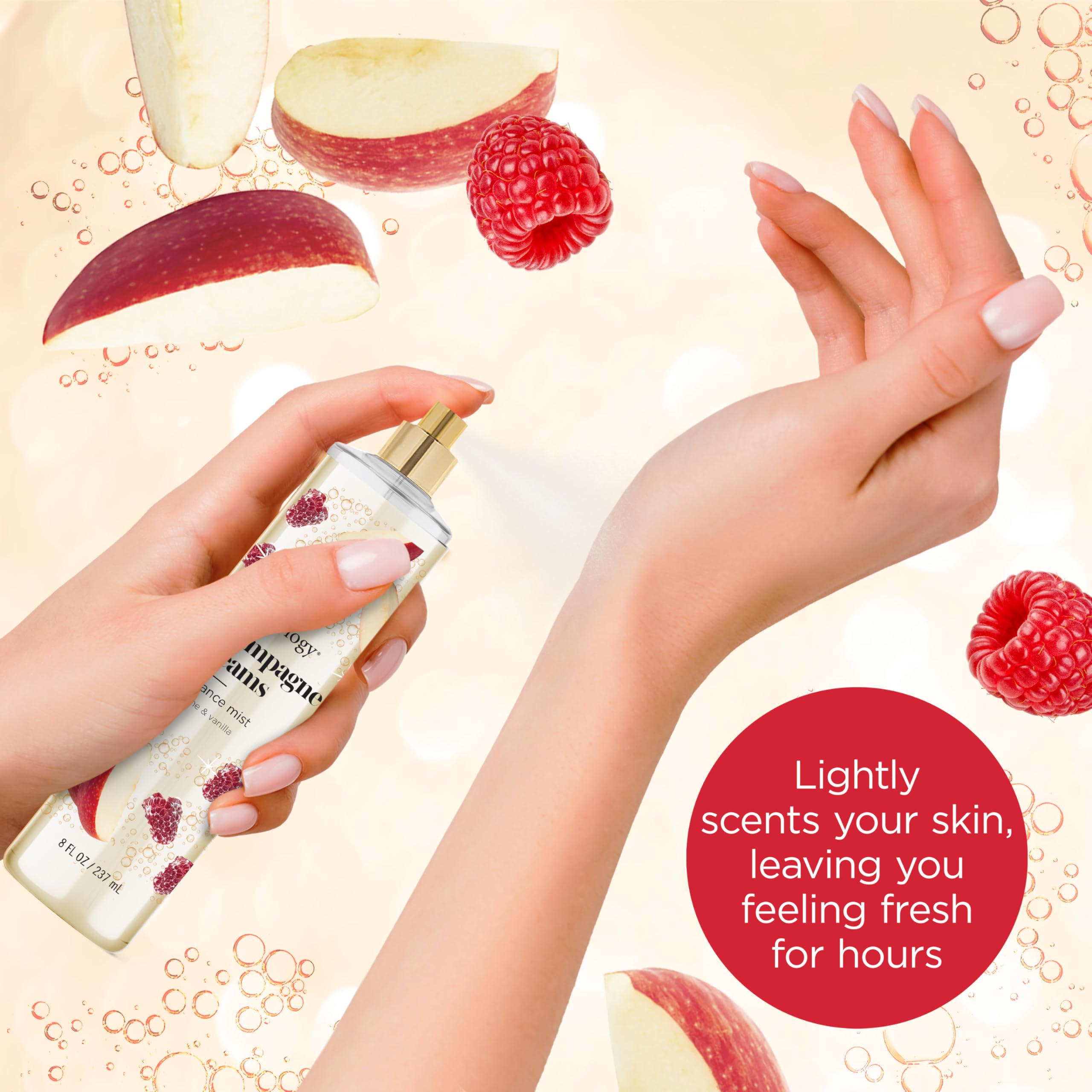 Bodycology Champagne Dreams mist applied to wrists and neck for subtle daily fragrance.