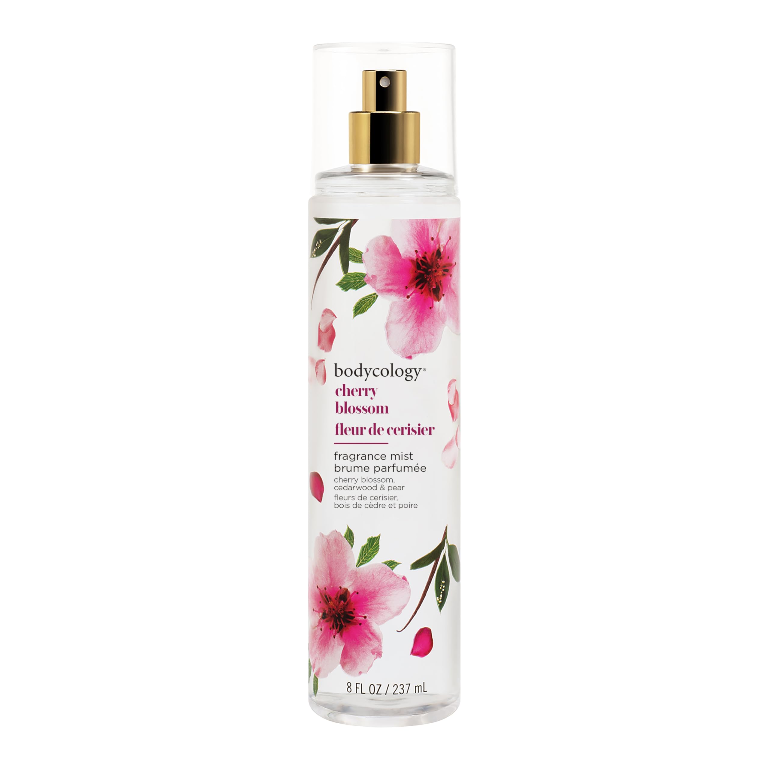 Bodycology Cherry Blossom Fragrance Mist bottle highlights long-lasting fragrance.