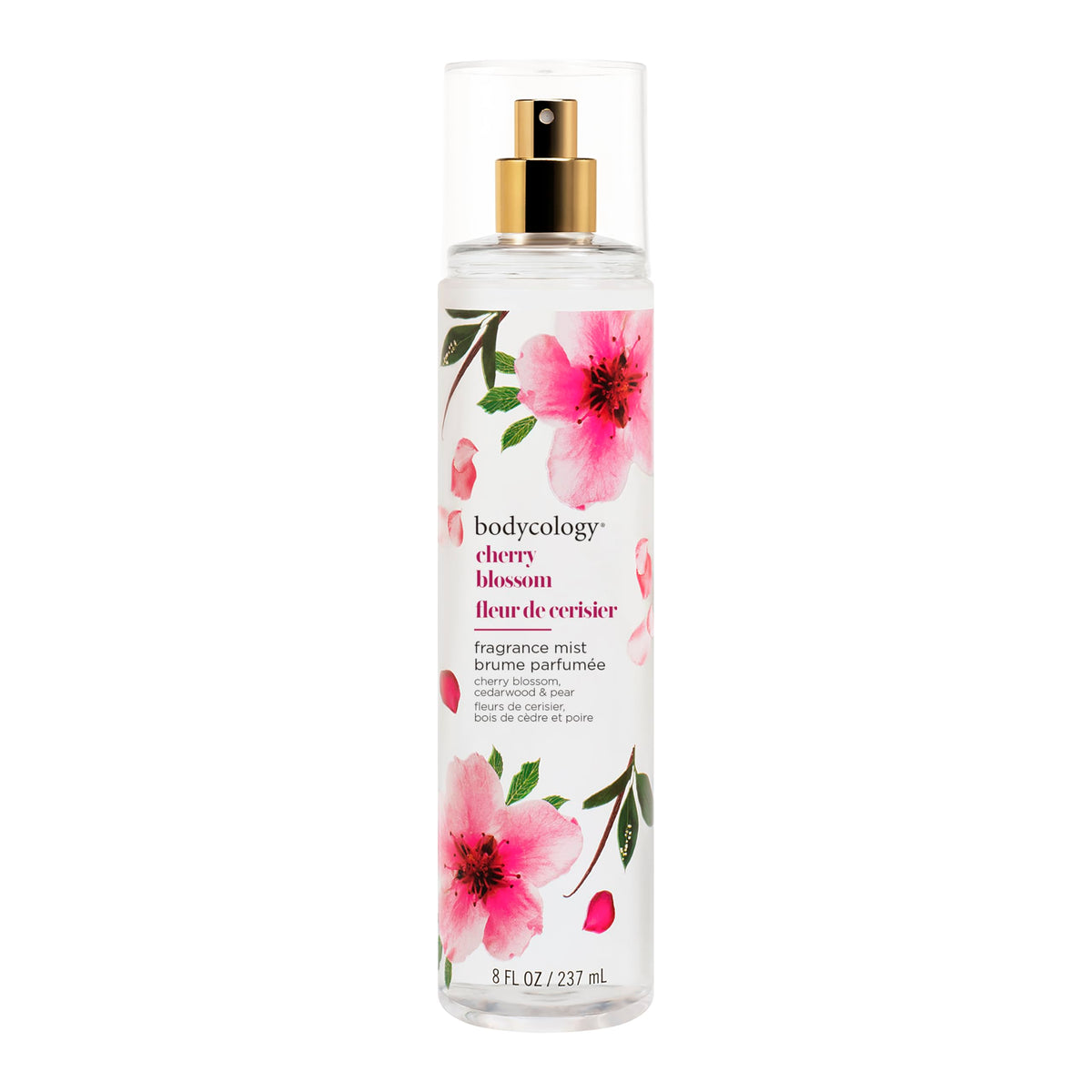 Bodycology Cherry Blossom Fragrance Mist bottle highlights long-lasting fragrance.