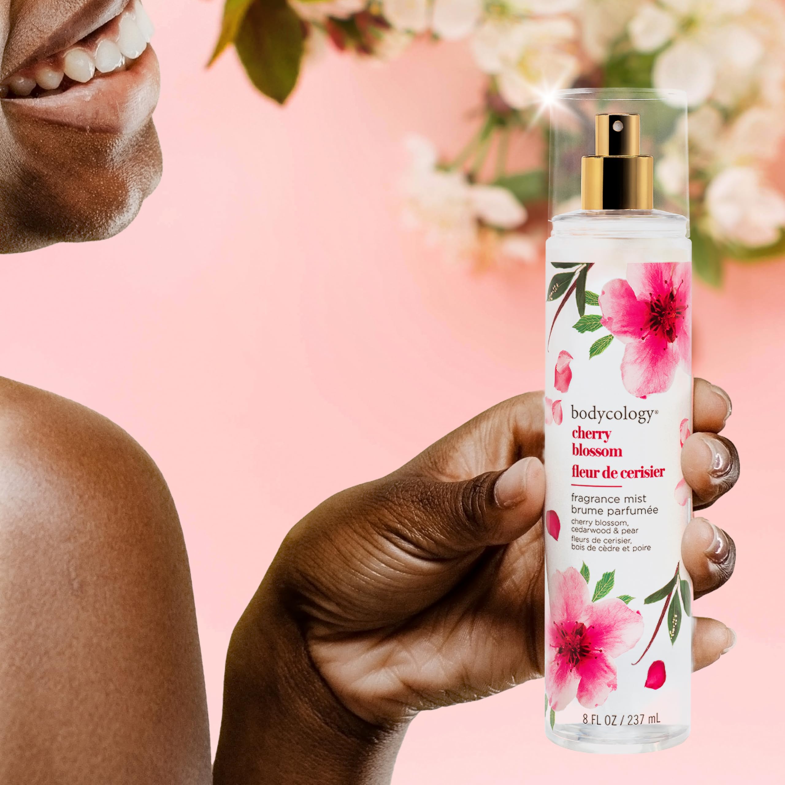 Bodycology Cherry Blossom Fragrance Mist on skin after moisturizer.