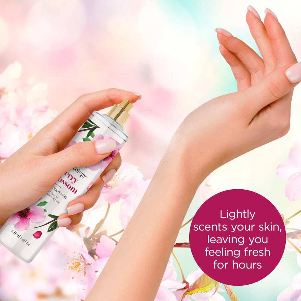 Bodycology Cherry Blossom fragrance mist on skin delivering a light, lasting aroma