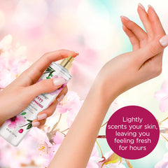 Bodycology Cherry Blossom fragrance mist on skin delivering a light, lasting aroma