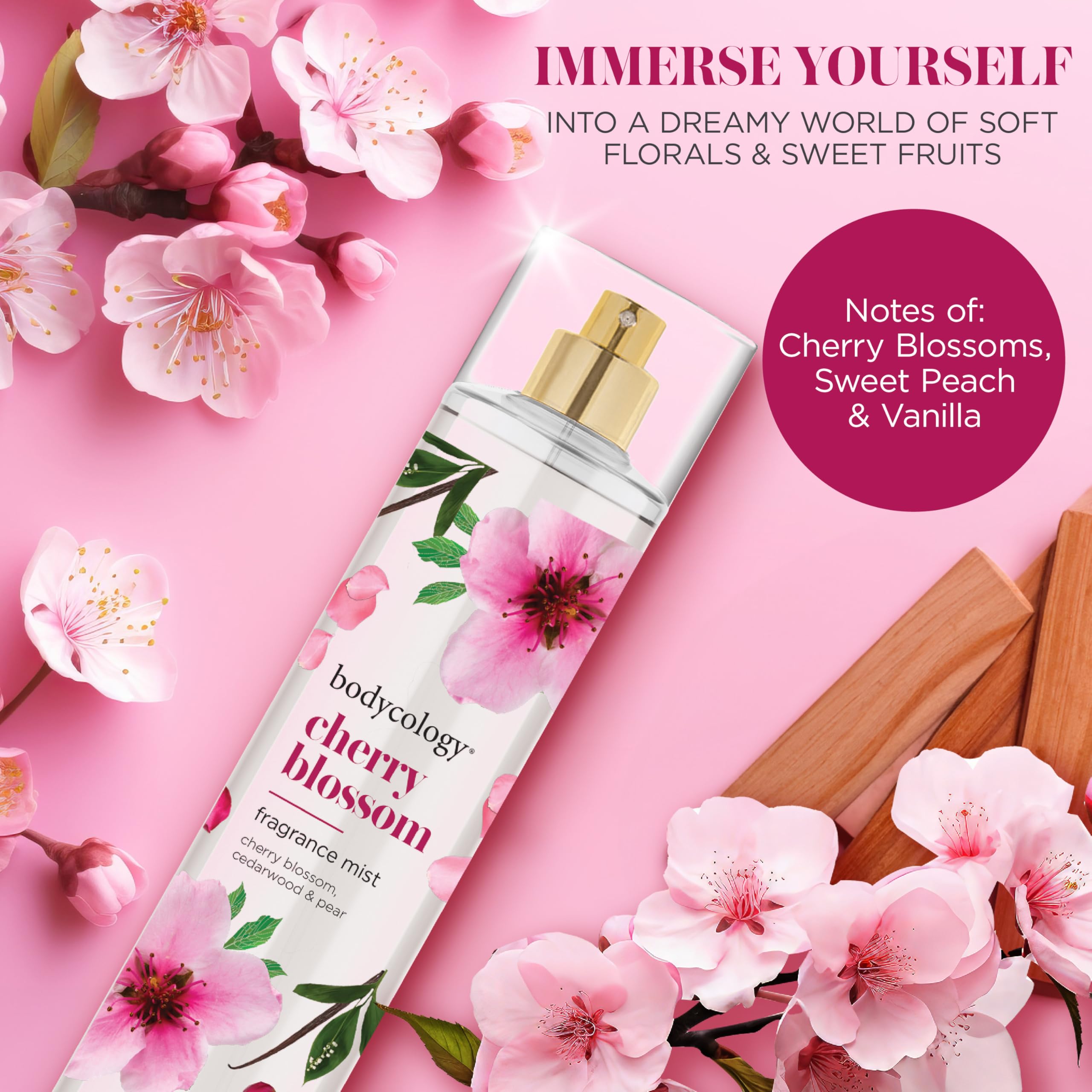 Close-up of spray nozzle on Bodycology Cherry Blossom mist for easy application