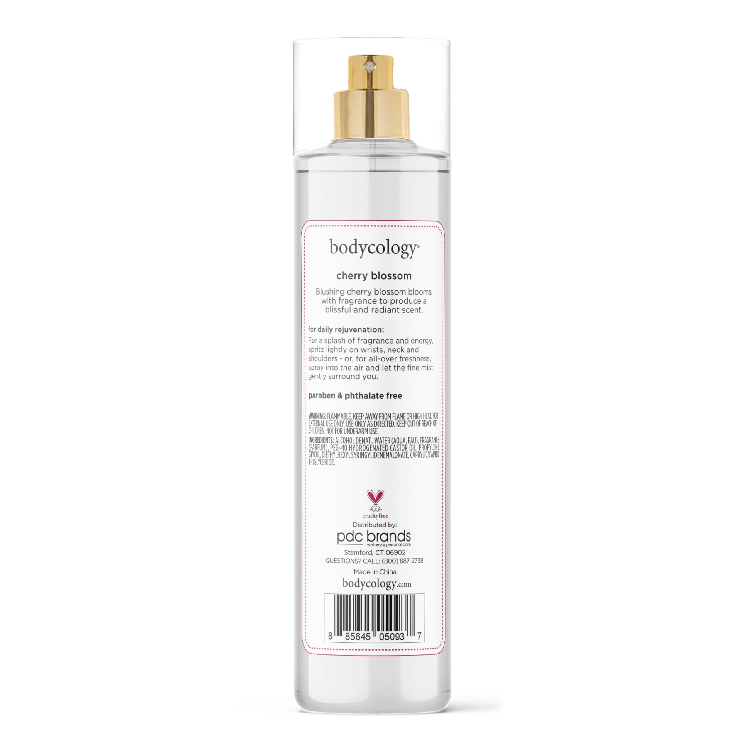 Label detail of Bodycology Cherry Blossom mist highlighting notes and freshness