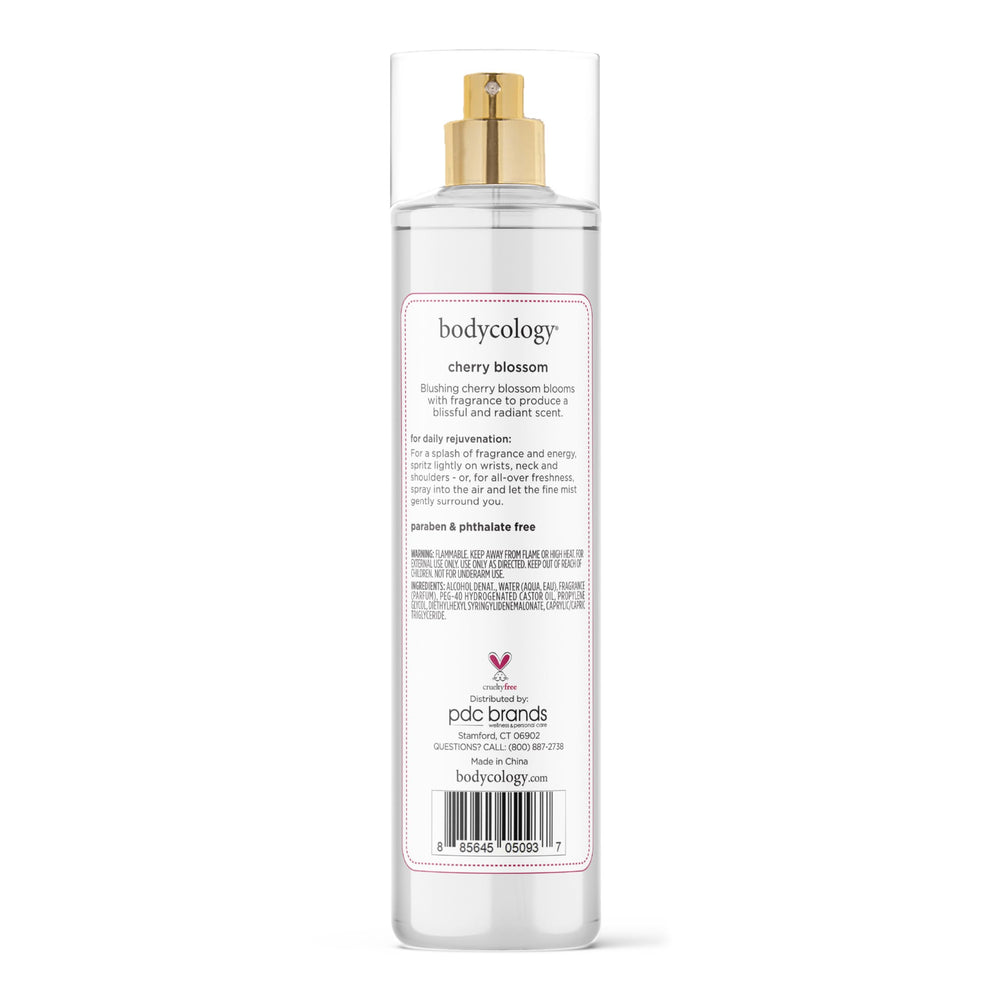 Label detail of Bodycology Cherry Blossom mist highlighting notes and freshness
