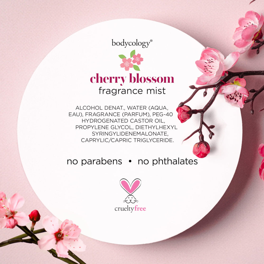 Bodycology Cherry Blossom Mist lifestyle shot in vanity setting.