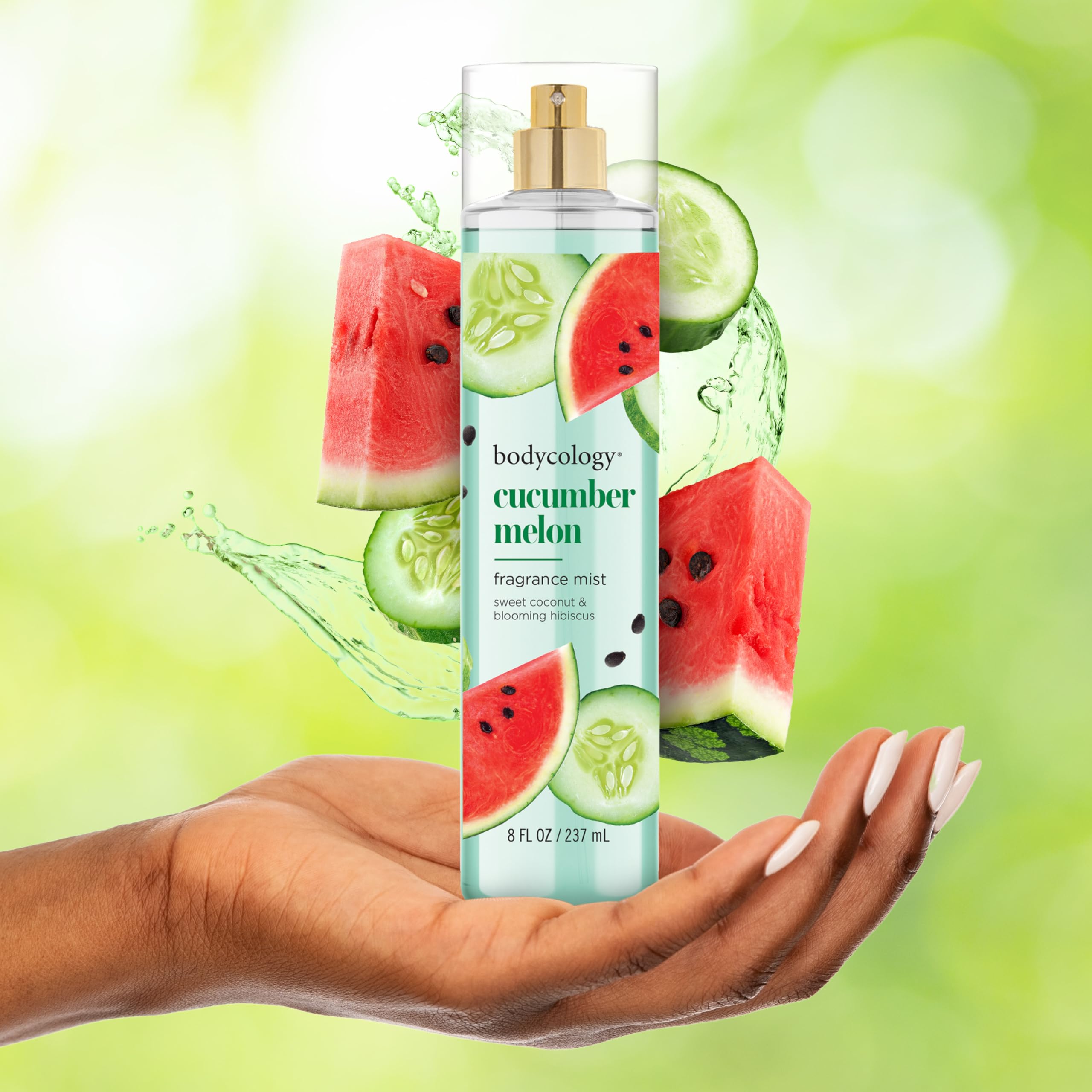Bodycology Cucumber Melon spray on neck and shoulders for subtle scent.