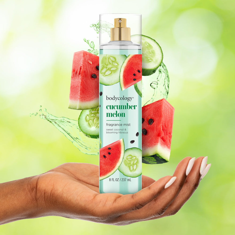 Bodycology Cucumber Melon spray on neck and shoulders for subtle scent.