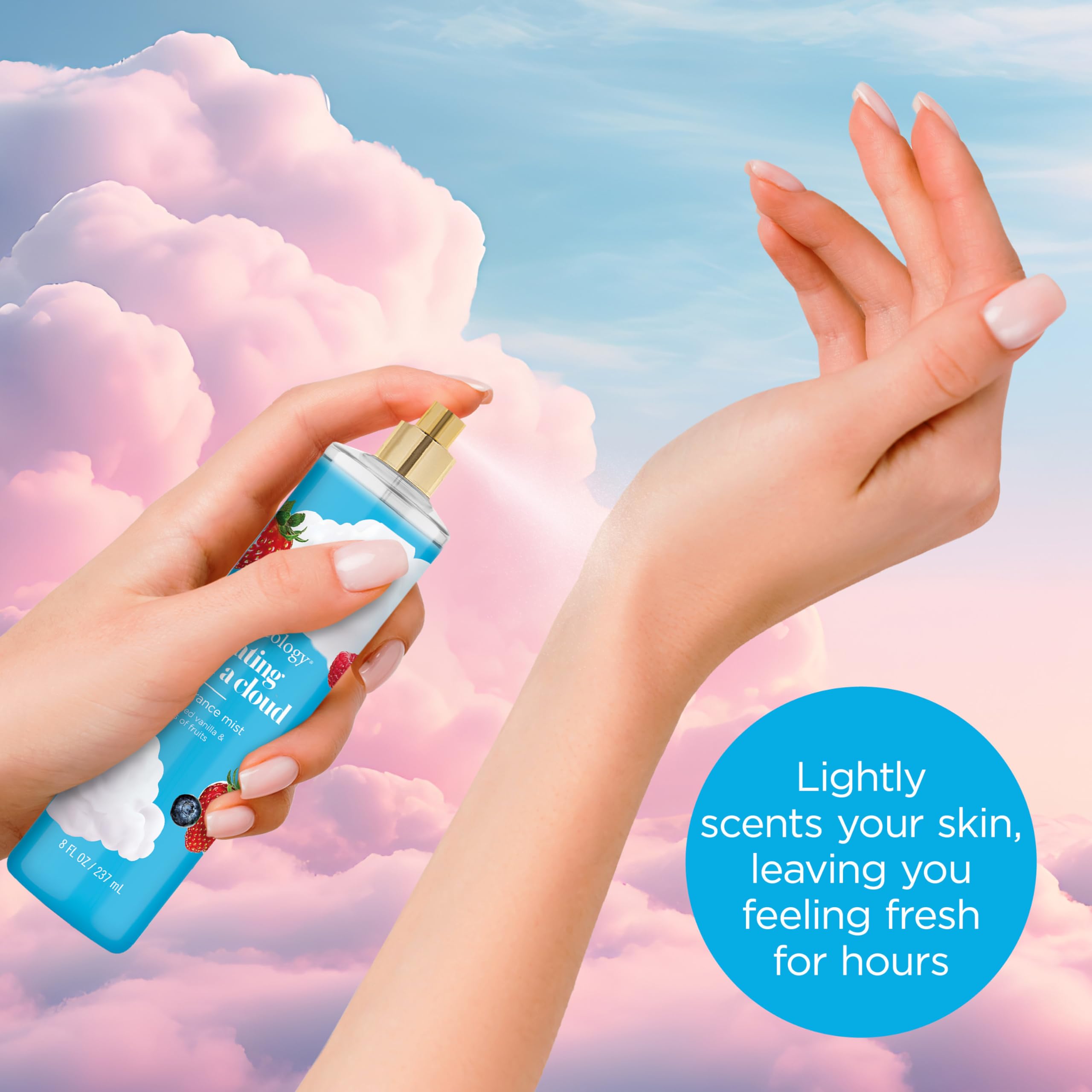 Bodycology Floating on a Cloud label close-up highlights pear jasmine notes
